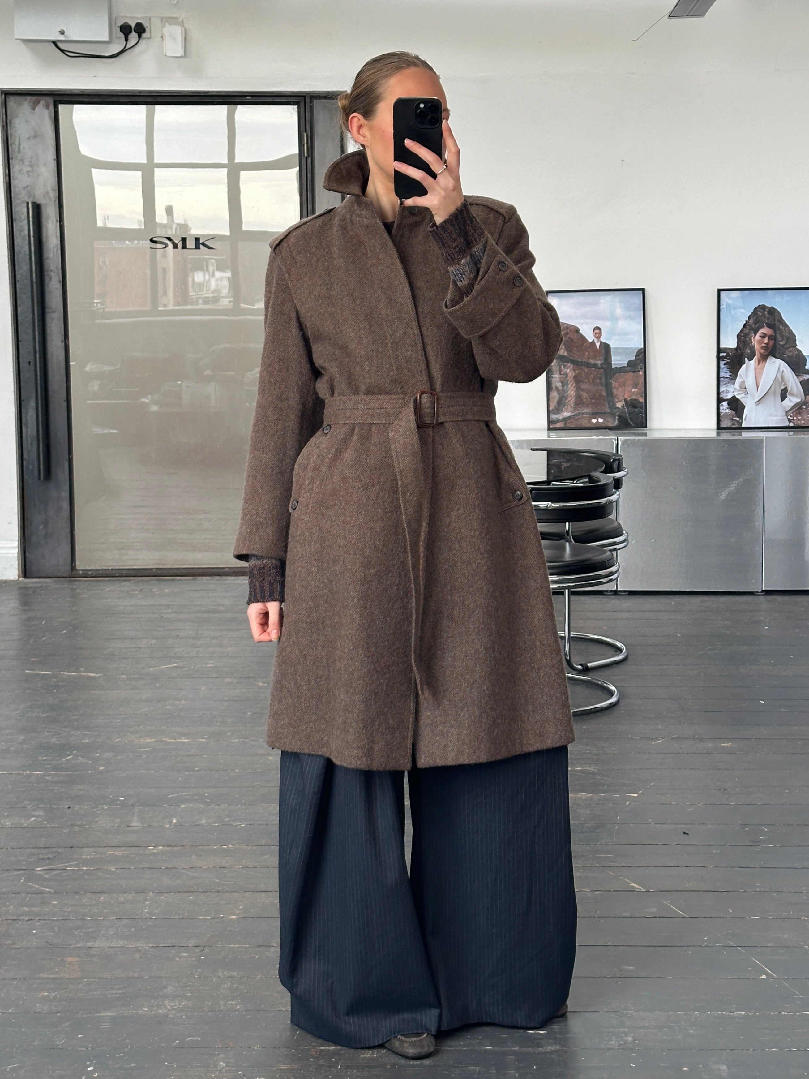 Vintage Italian 1990s wool mohair belted coat, single-breasted design in size L, showcasing classic retro style and textured fabric.