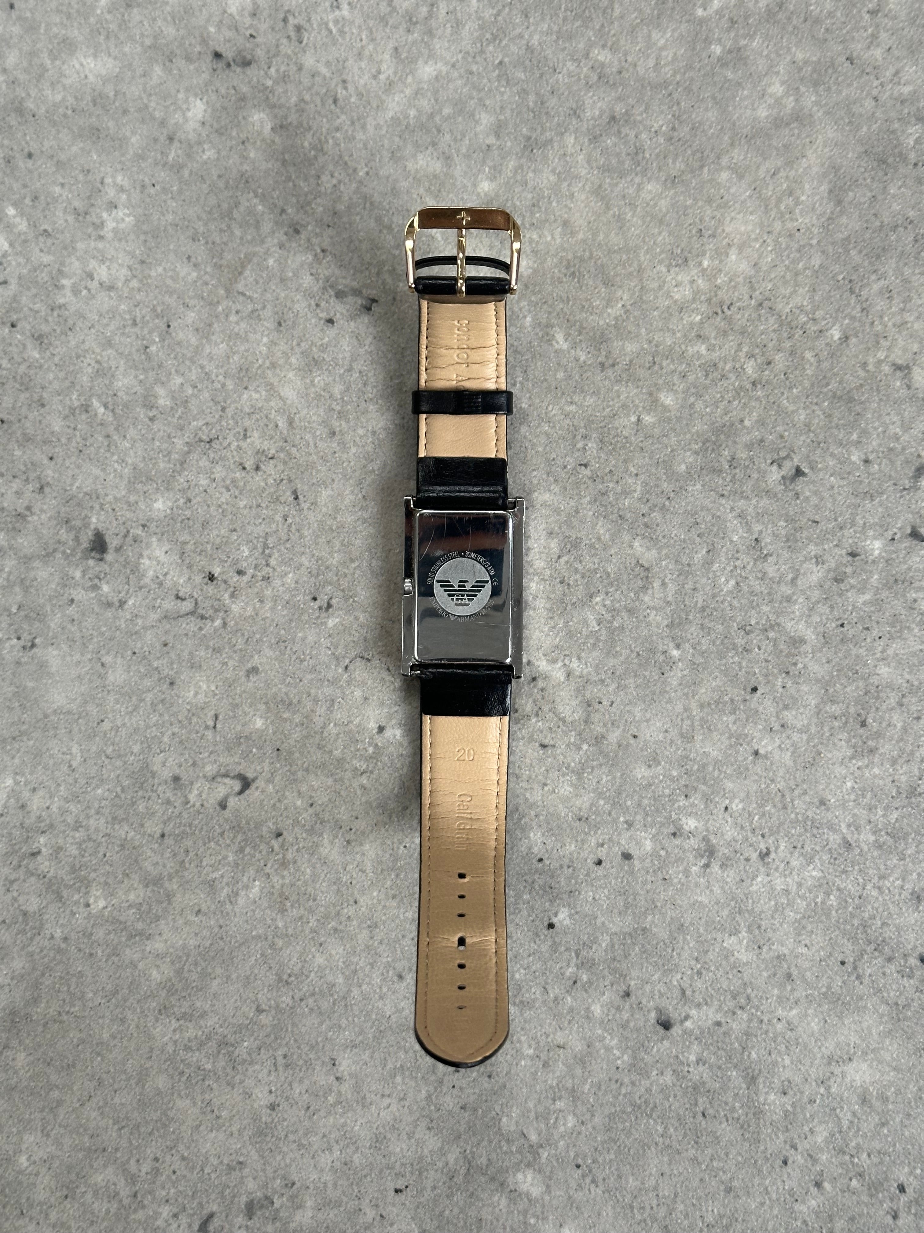 Emporio Armani 2000s rectangle stainless steel leather watch with black dial and silver accents, stylish men's timepiece.