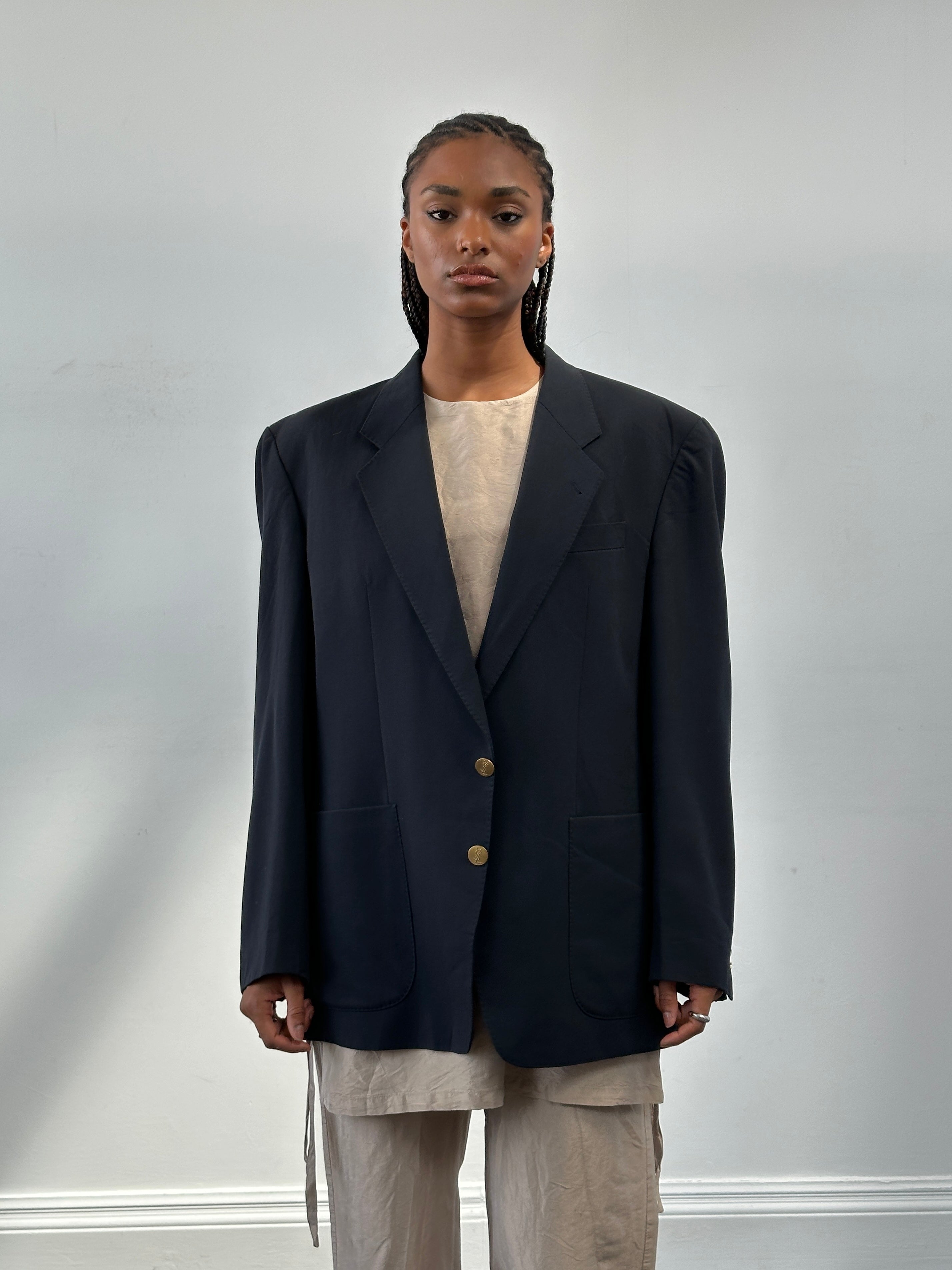 Yves Saint Laurent Diffusion Hommes 1980s pure wool bespoke blazer, size 42R/XL, shown in classic tailored style with buttons.