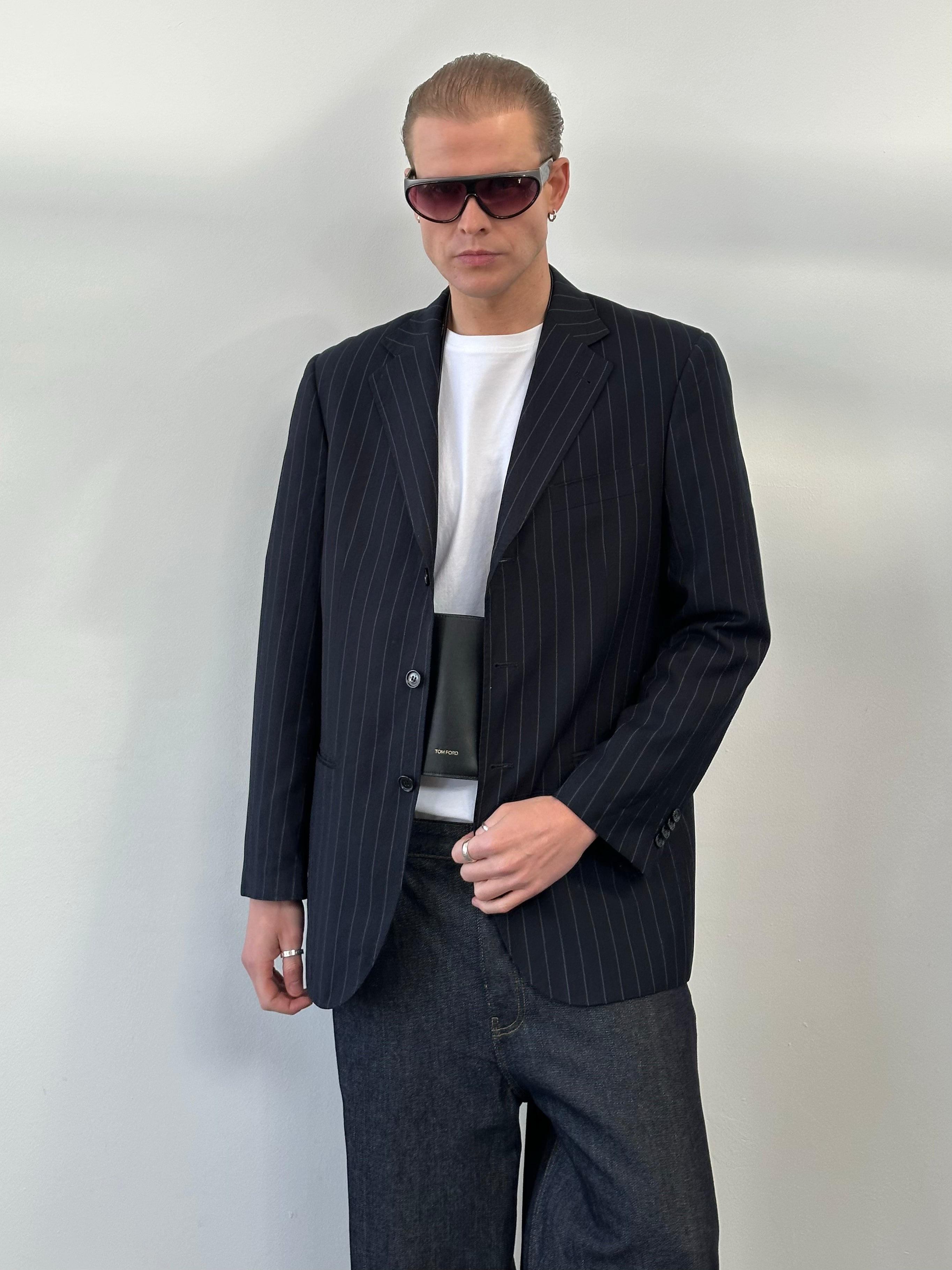 Loro Piana wool and cashmere striped blazer from the 1990s, men's 42R, tailored fit with classic pattern and quality fabric.