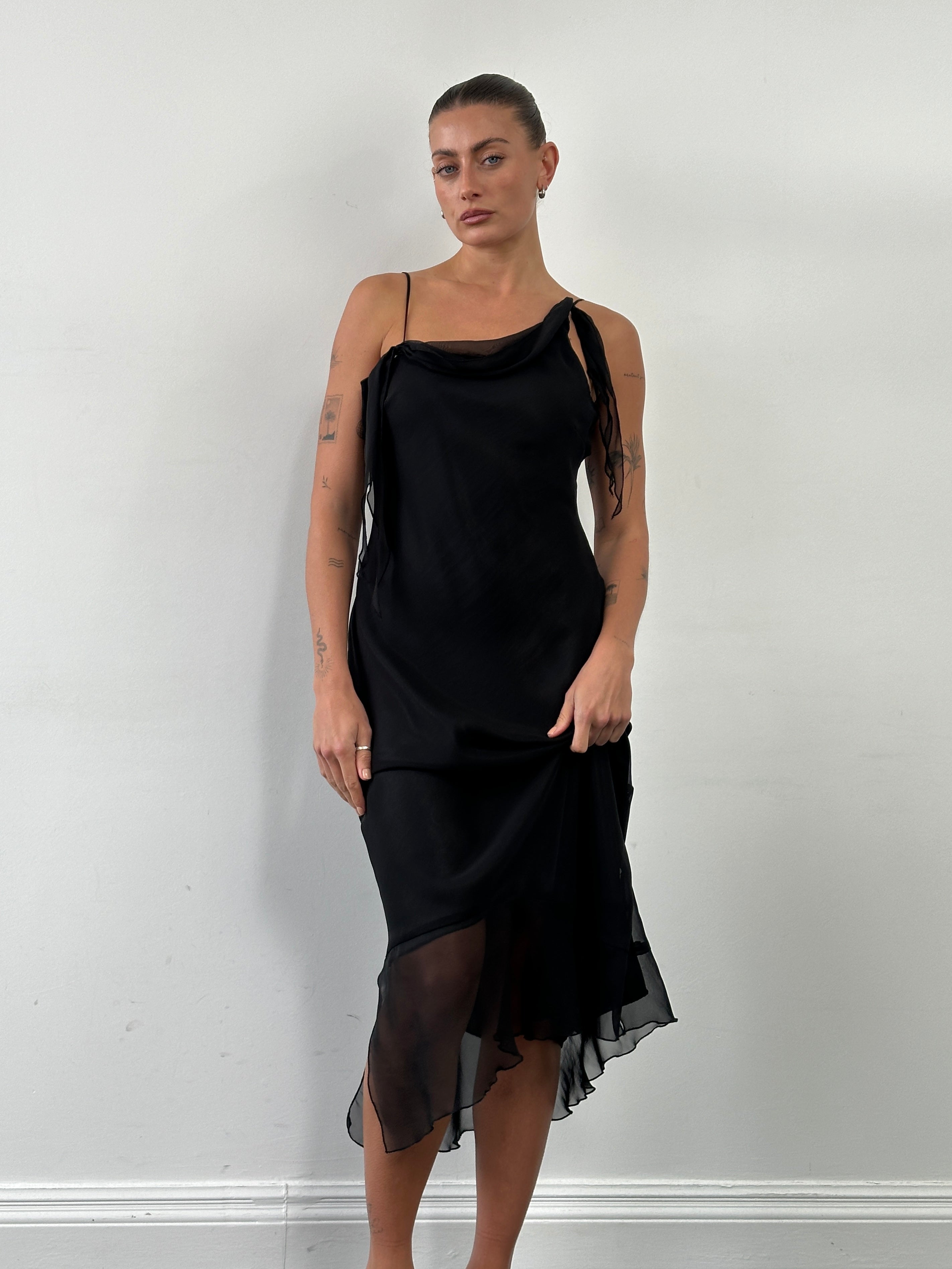 Vintage asymmetric sheer maxi slip dress in size M, featuring a flowy, elegant design with vintage-inspired style.