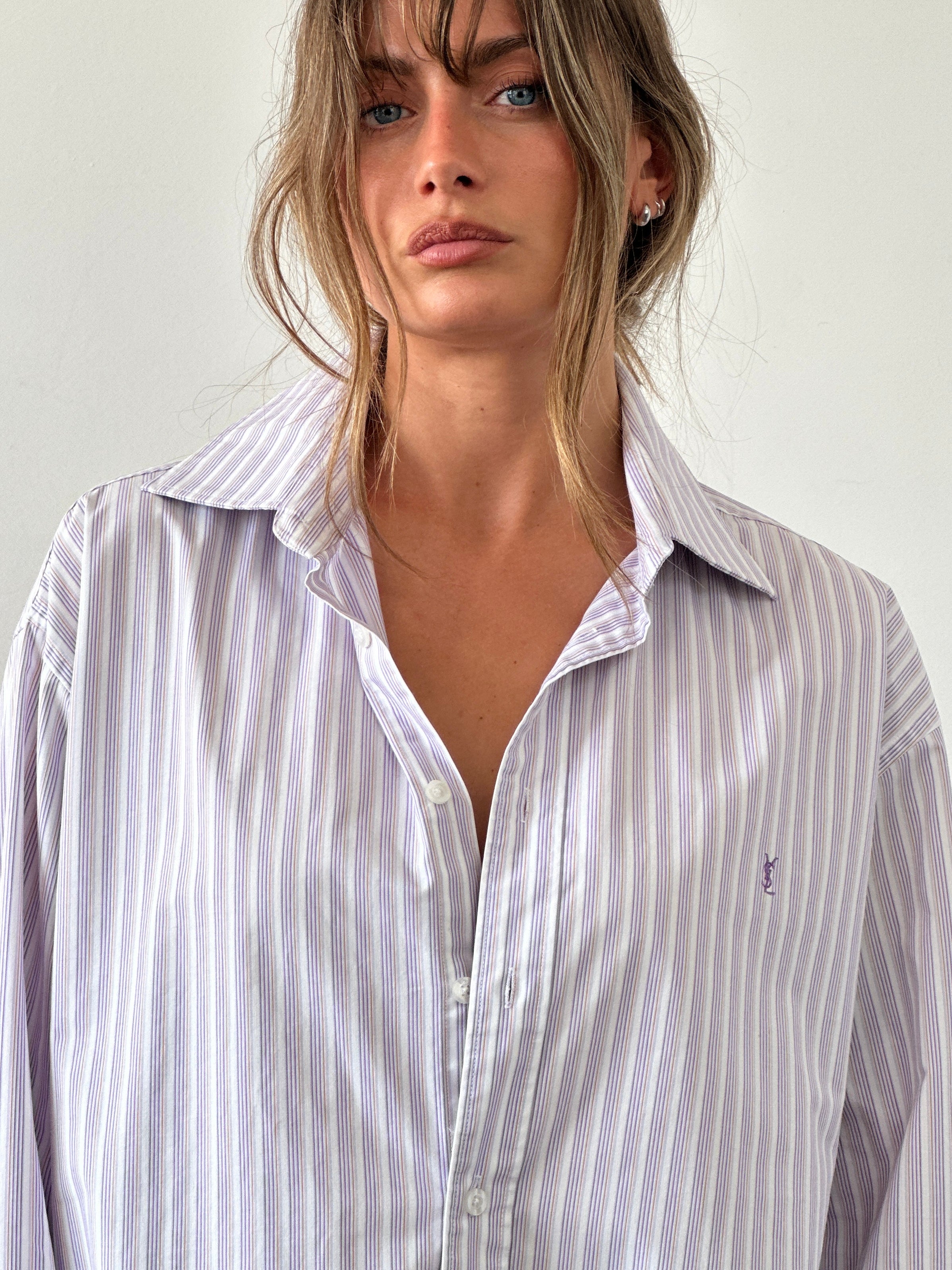 Yves Saint Laurent Pour Homme Stripe Cotton Logo Dress Shirt