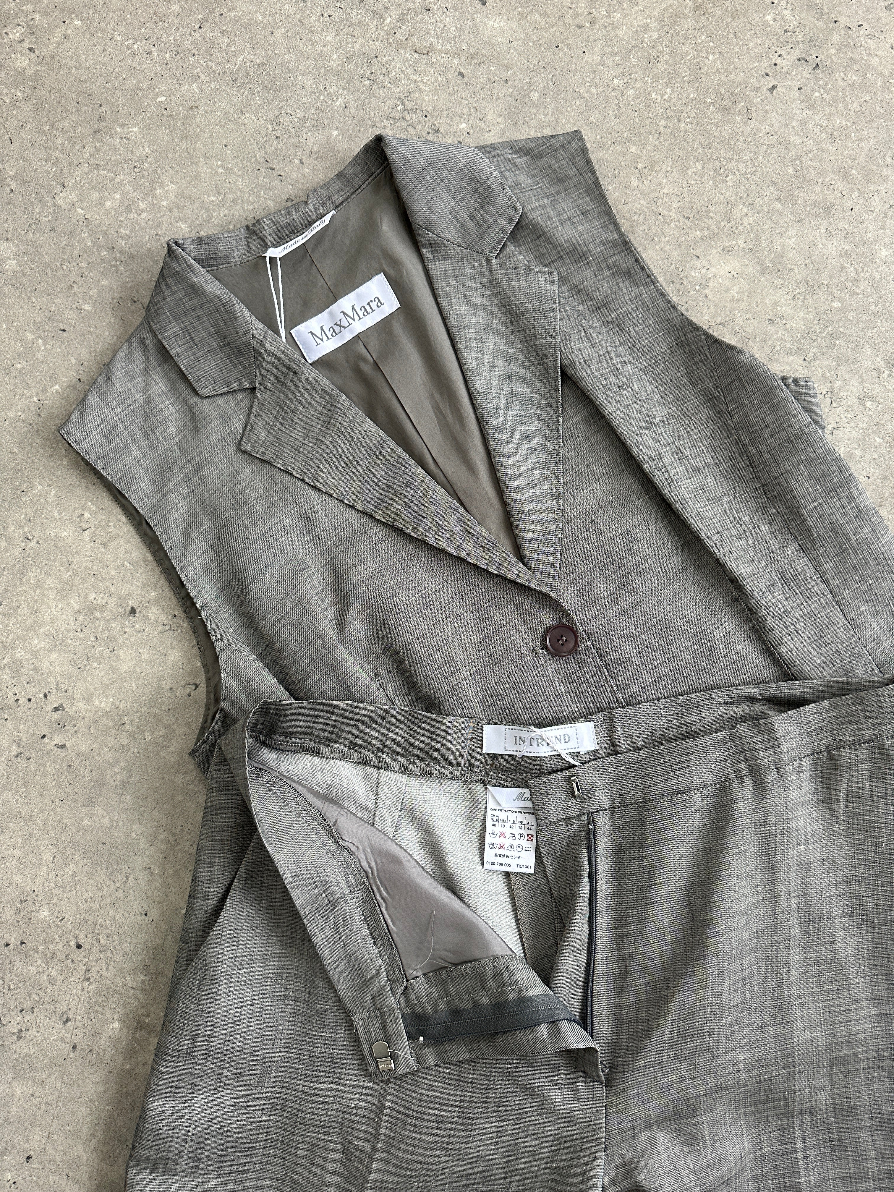 Max Mara linen cotton two-piece waistcoat and trousers co-ord set, front view showing tailored fit and neutral fabric.