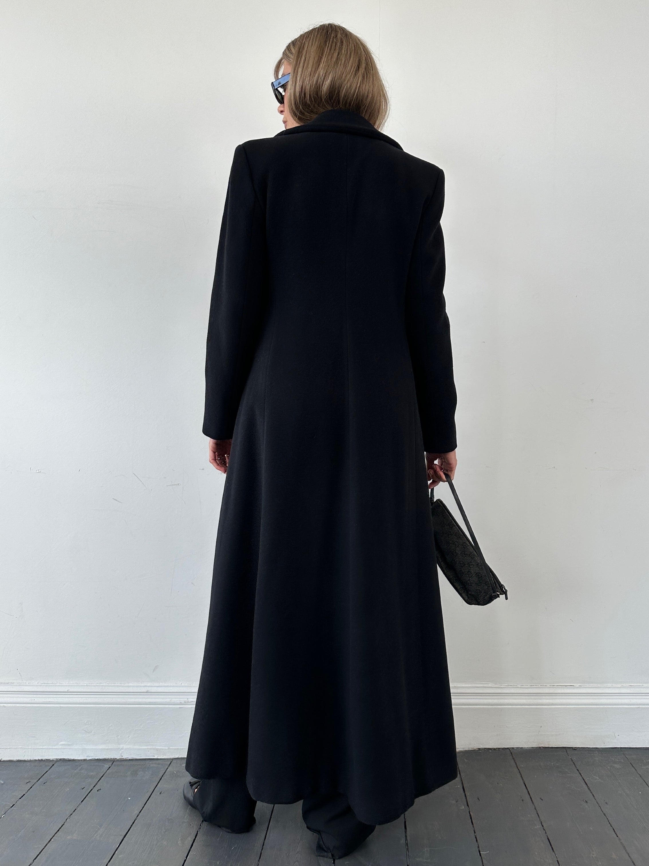 Emporio Armani A-line floor length cashmere coat in black, featuring a classic collar and elegant silhouette.
