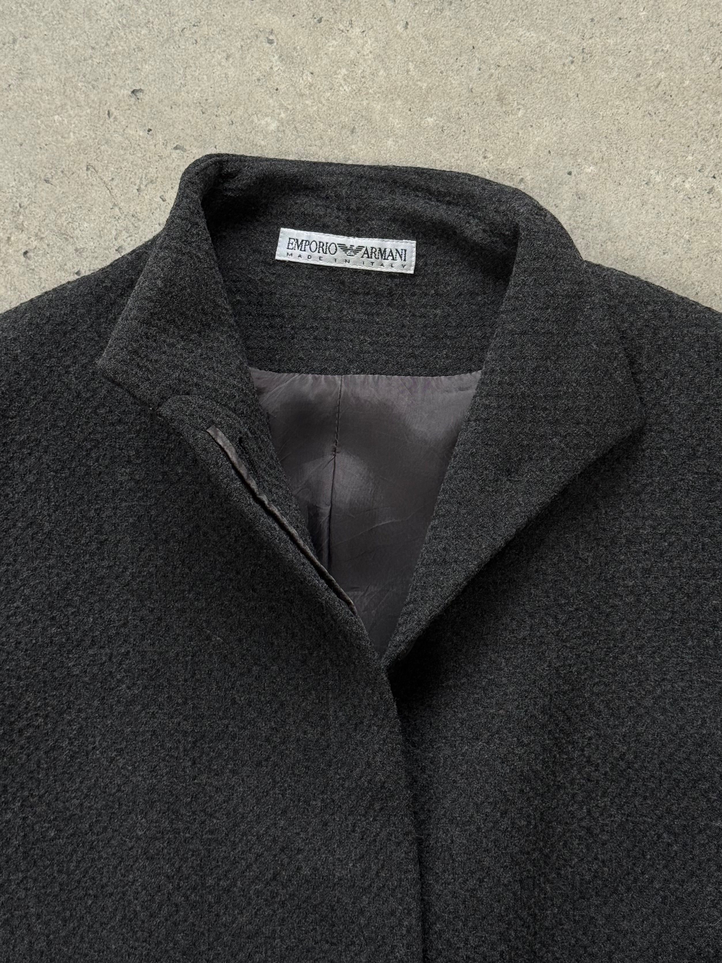 Emporio Armani 1990s high-neck minimal jacket in XS/S, featuring sleek design and clean lines, made from lightweight fabric.