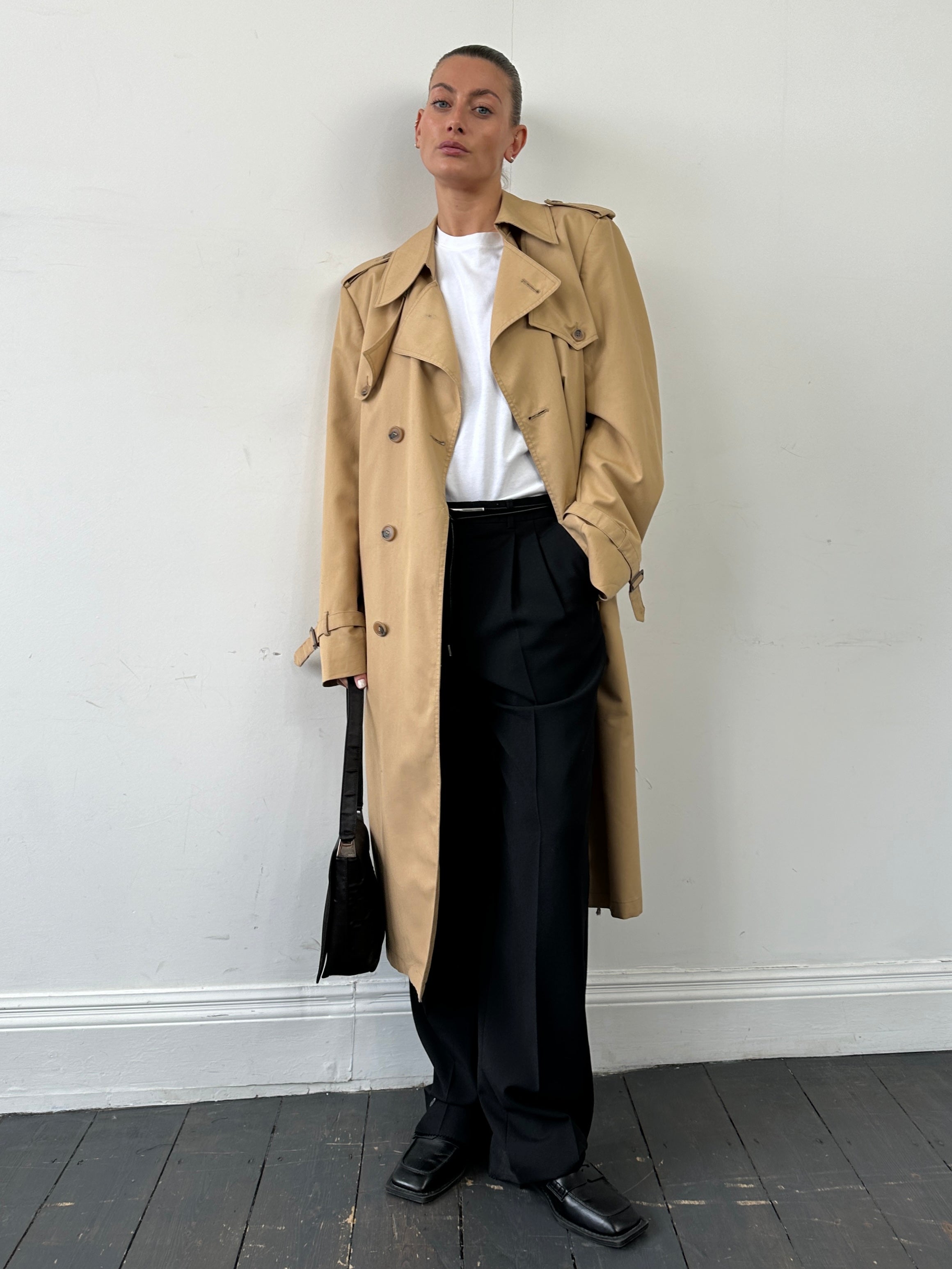 Christian Dior Monsieur double-breasted belted trench coat in XL, showcasing classic beige fabric and tailored fit.