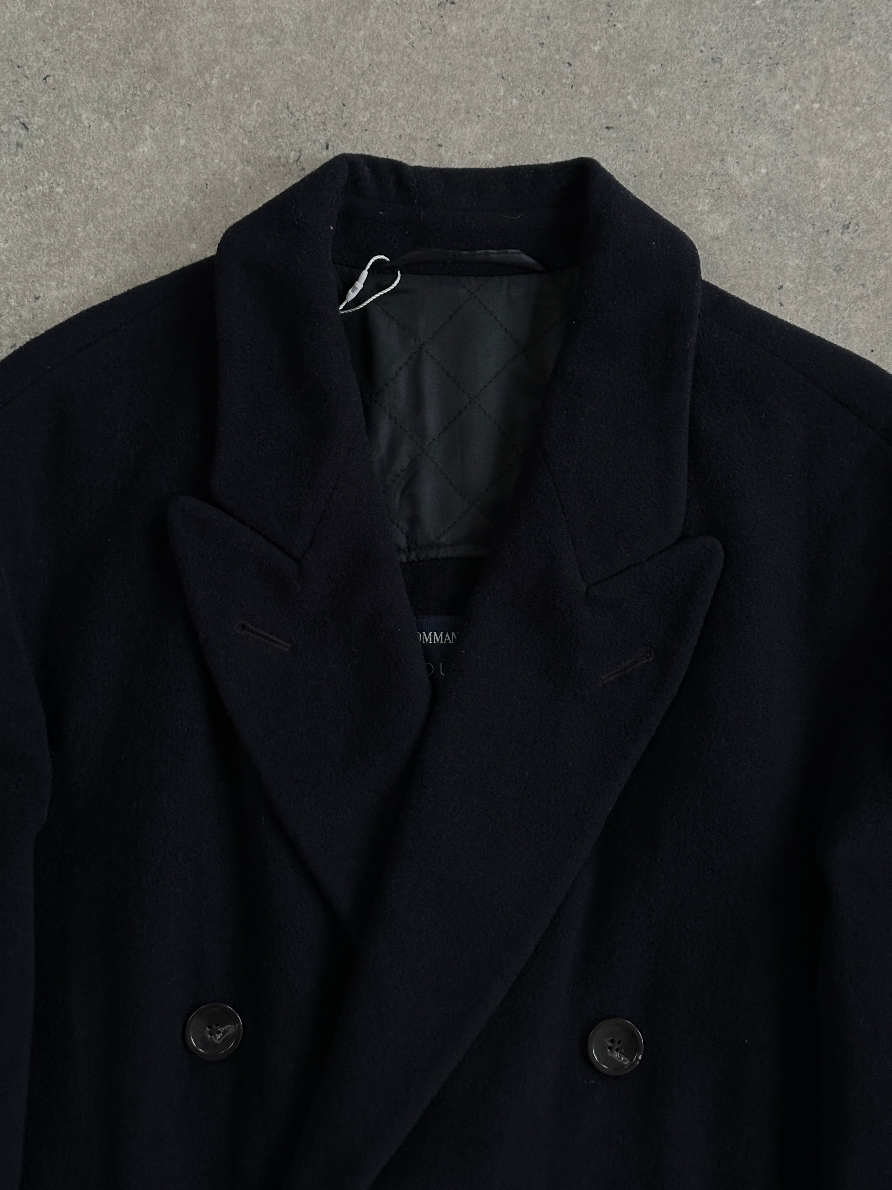 Vintage wool and cashmere double-breasted coat in XL, featuring classic design and textured fabric, perfect for cold weather.