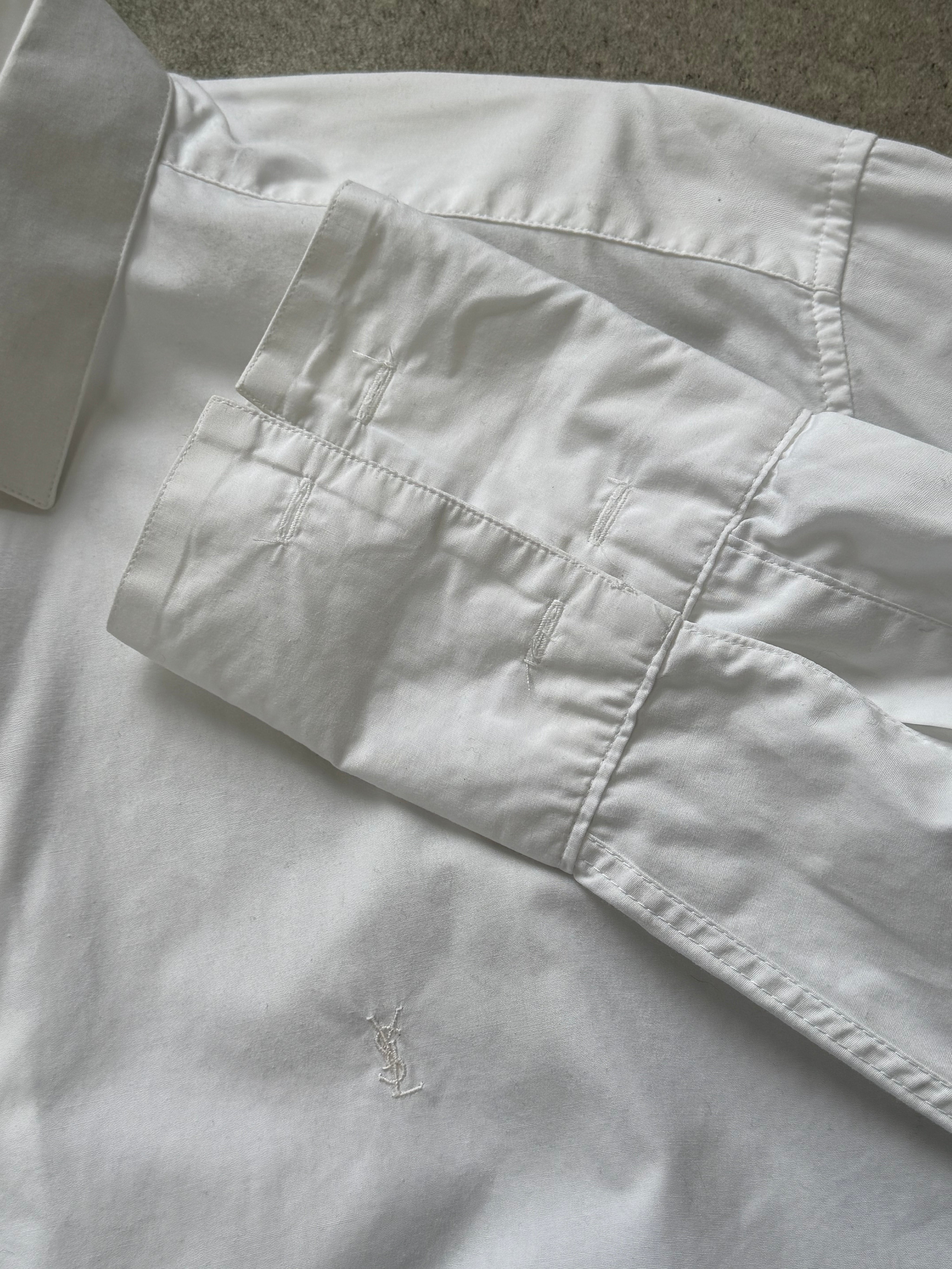 Yves Saint Laurent Diffusion Homme 1990s cotton dress shirt in size M, light blue with button-down collar and long sleeves.