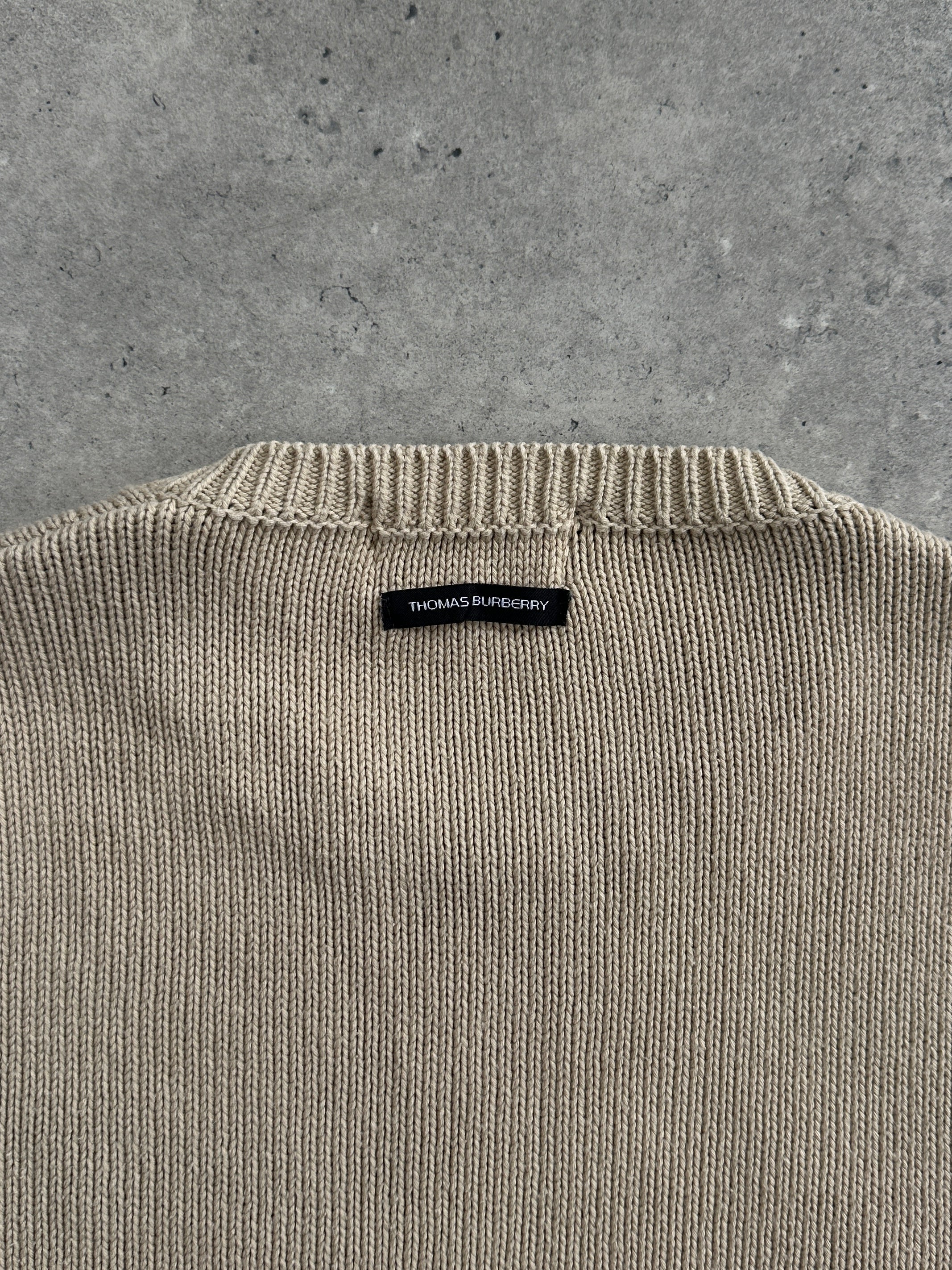 Thomas Burberry 2000s cotton knitted logo jumper in XS, featuring a classic design with a prominent Burberry logo on the front.