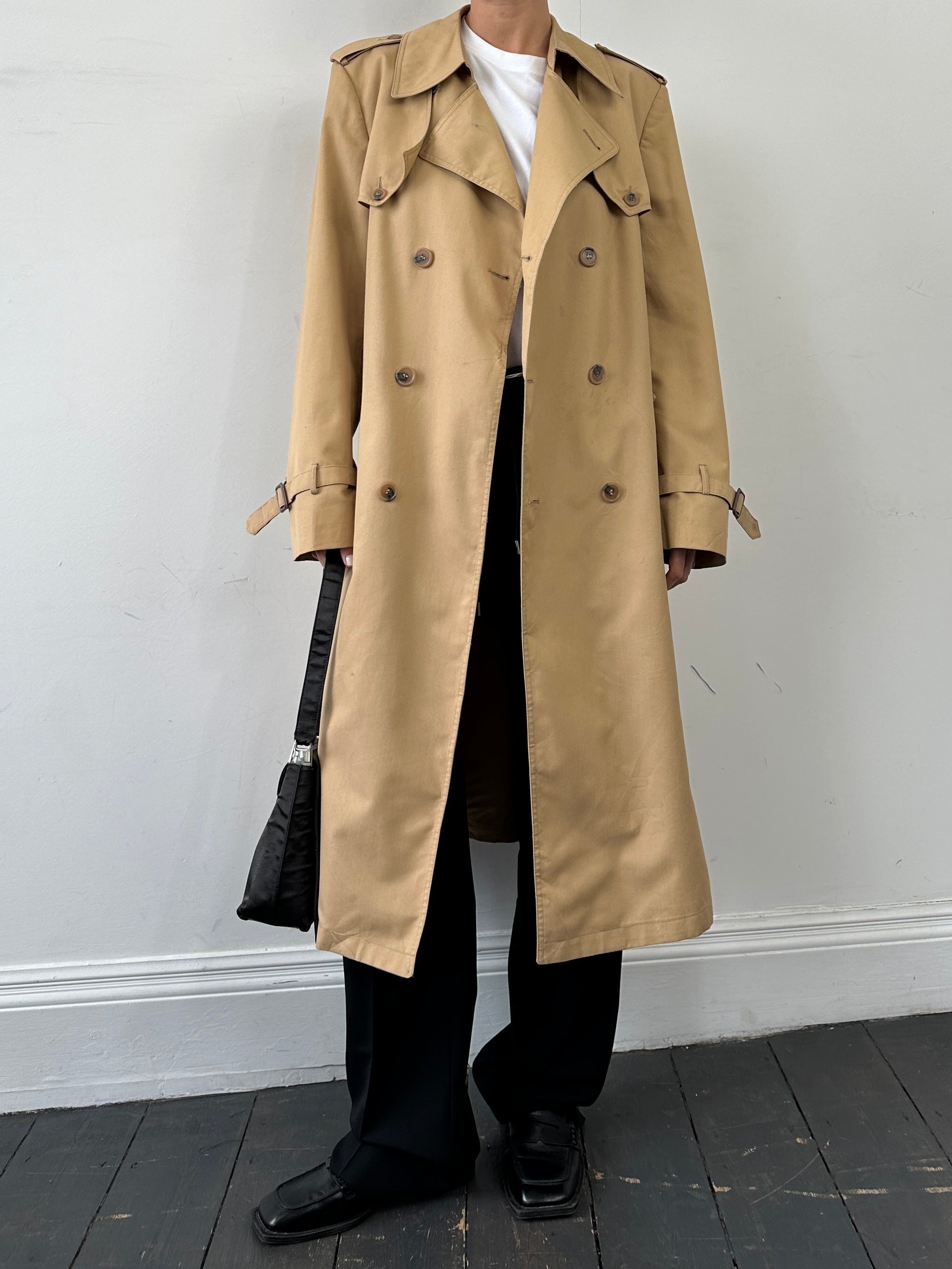 Christian Dior Monsieur double-breasted belted trench coat in XL, showing front view with classic design and fabric details.