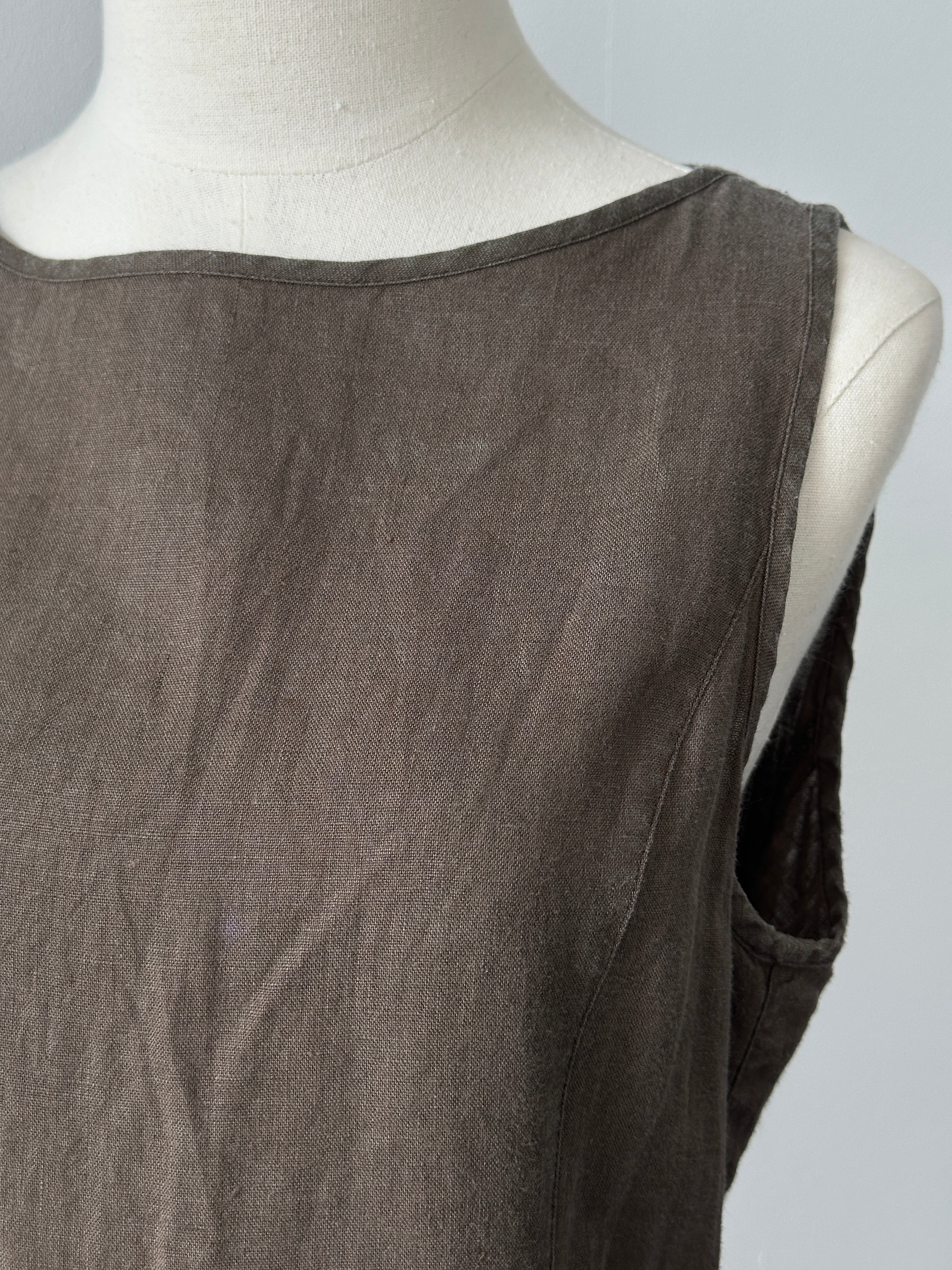 Armani Jeans 1990s pure linen midi sleeveless dress in light fabric, displayed on a hanger with a simple background.