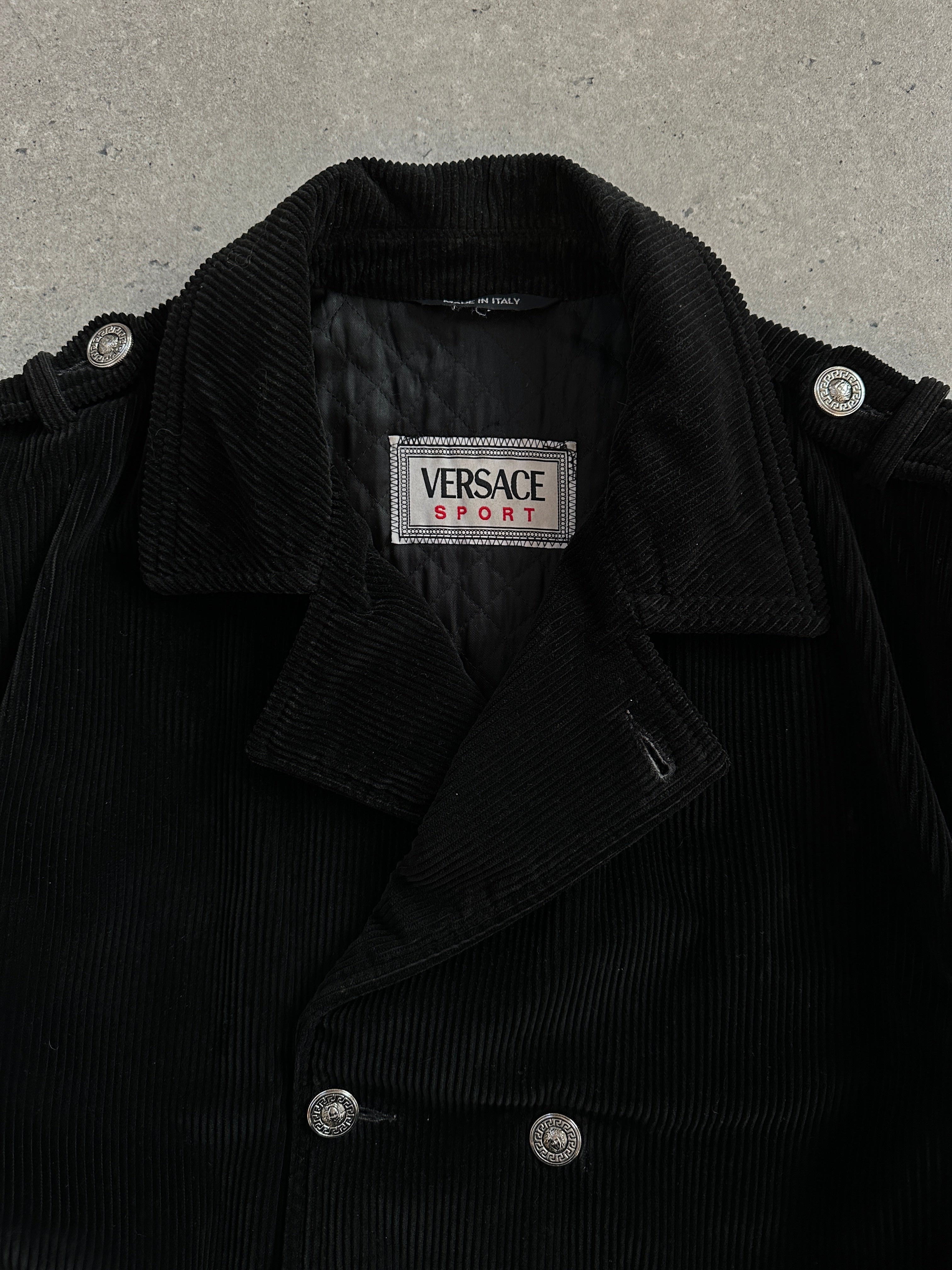 Versace Sport 1990s bespoke Medusa button corduroy double-breasted jacket in XL, featuring classic Medusa details and tailored fit.