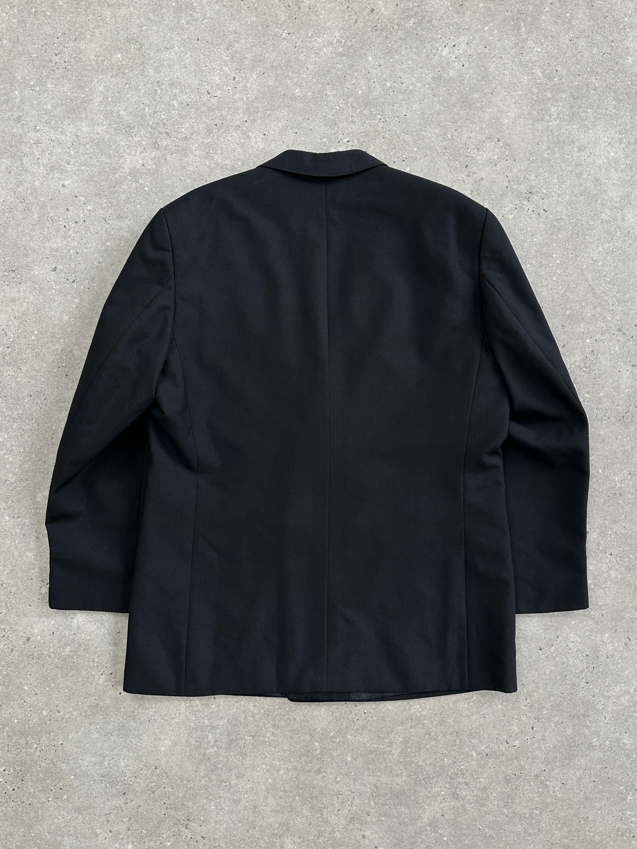 Vintage British 1980s pure wool double-breasted tuxedo blazer, size 44R/XL, featuring classic tailored fit and timeless style.
