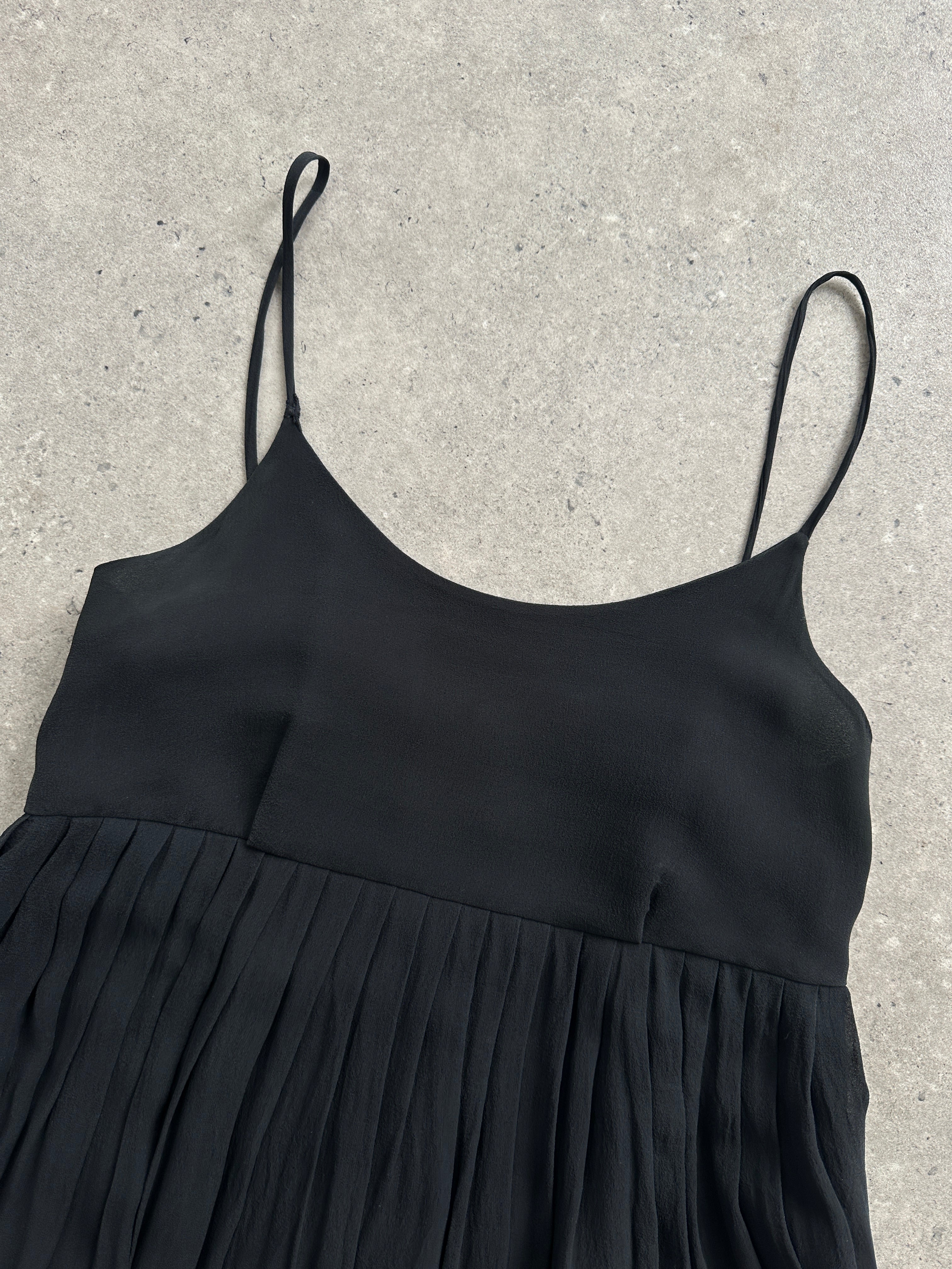 Laura Ashley pure silk pleated slip dress in XS, featuring a flowing design and elegant pleats.