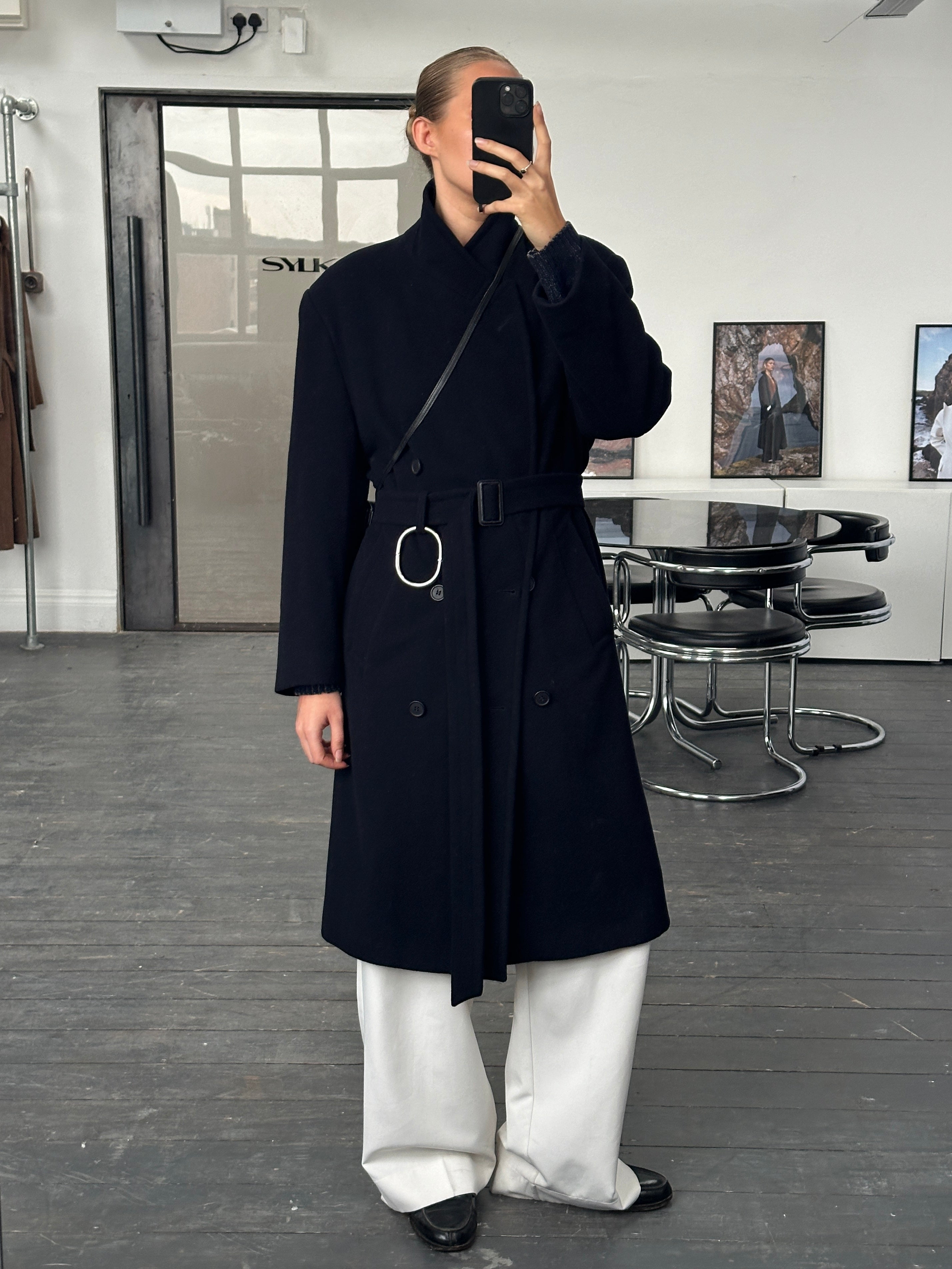 Vintage 1990s wool cashmere double-breasted belted coat, size large, featuring classic tailored design and neutral color.