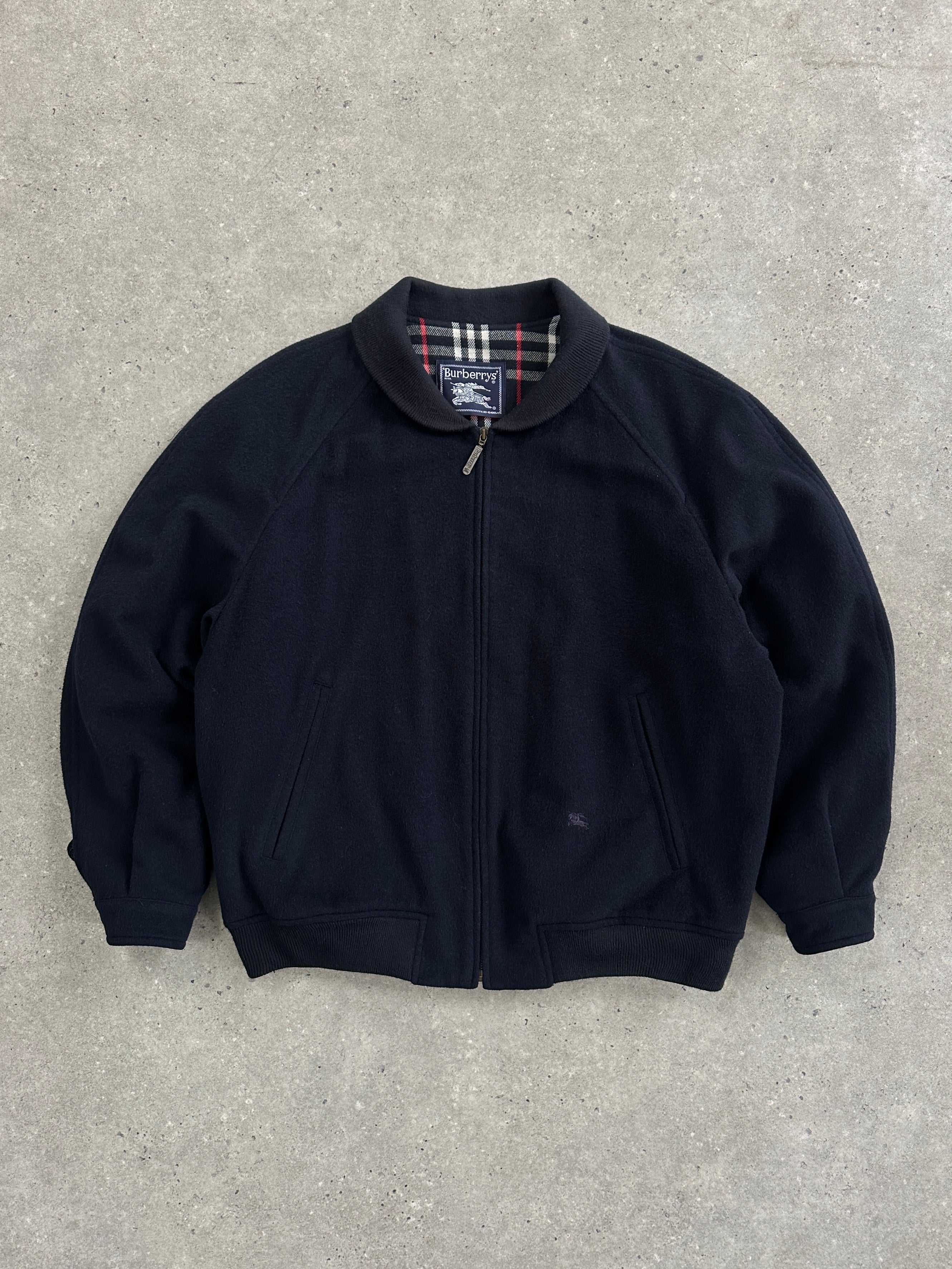 Burberry 1990s check logo pure wool bomber jacket in size L/XL, featuring a classic check pattern and ribbed cuffs.