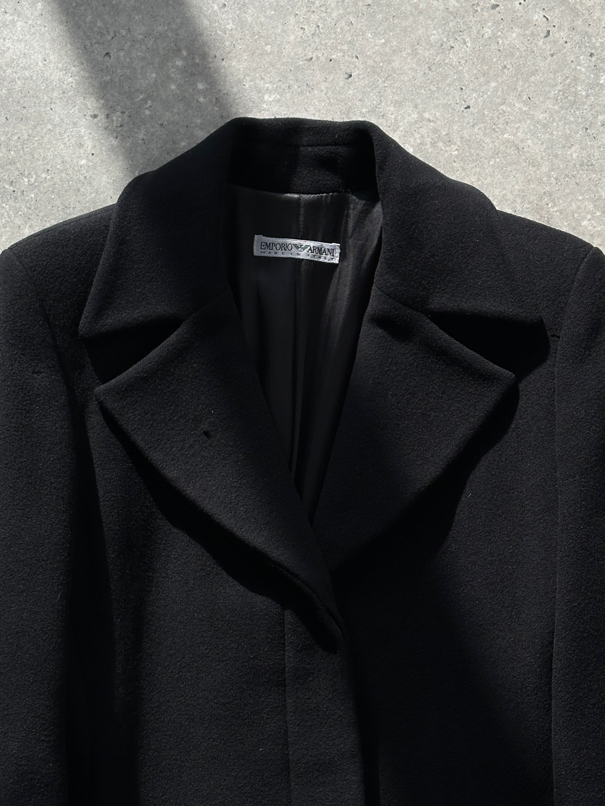 Emporio Armani A-line floor-length cashmere coat in S/M, stylish and warm outerwear with a sleek, elegant design.