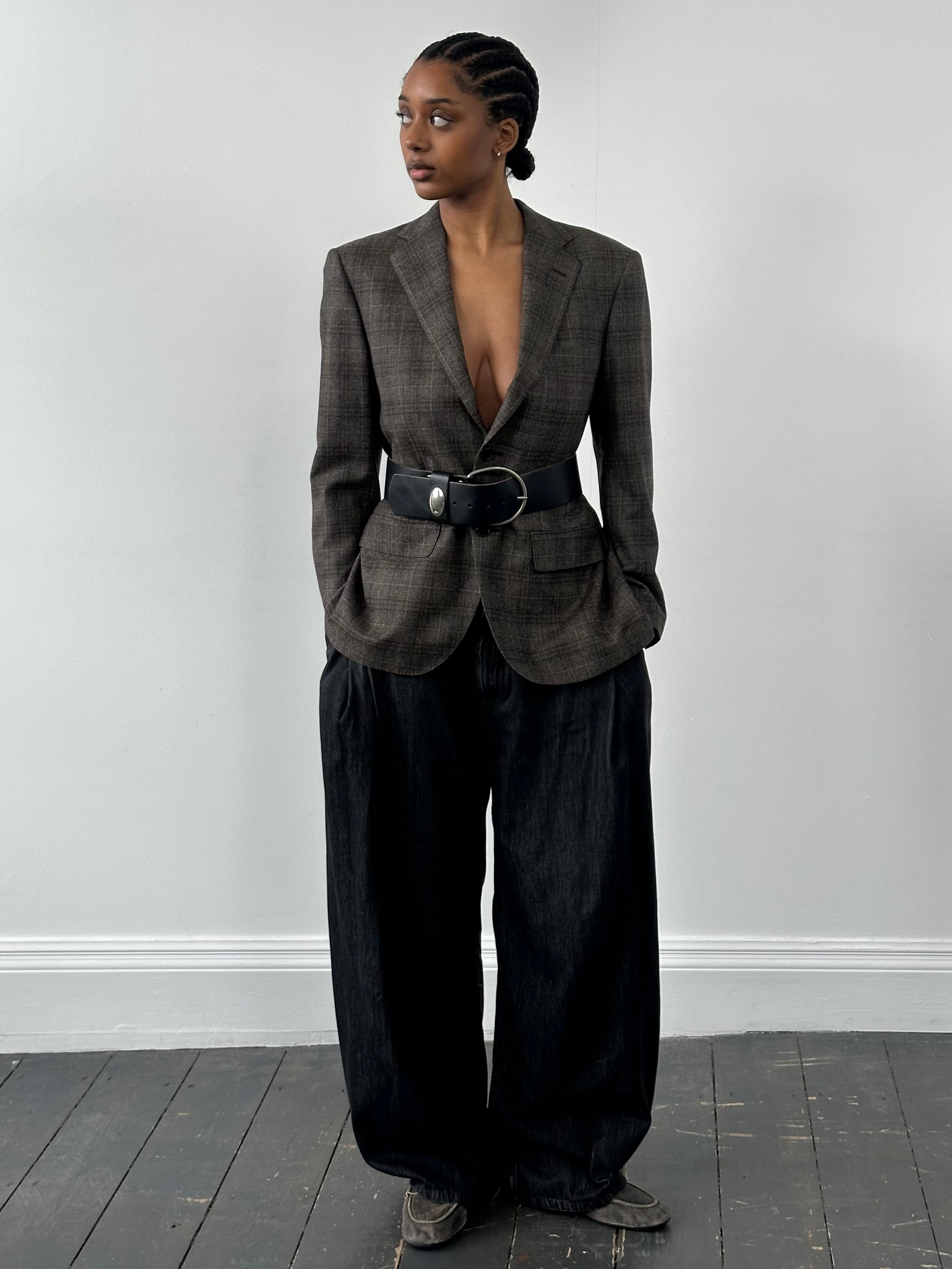 Loro Piana Le Chic 1990s pure wool check blazer in size 36R/S, showing tailored fit and classic plaid pattern.