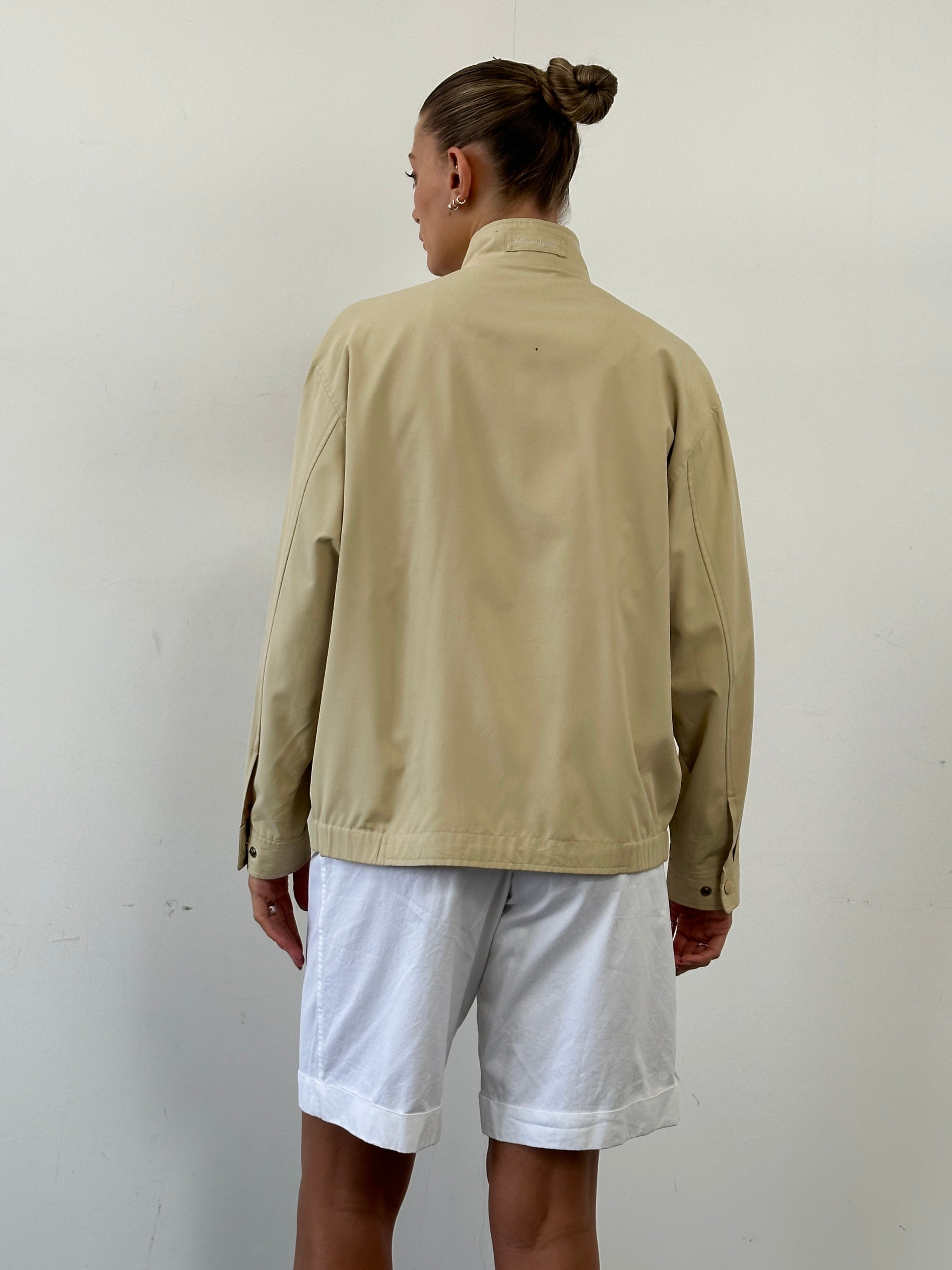Yves Saint Laurent Pour Homme logo bomber jacket in size L, black with front logo embroidery and ribbed cuffs.