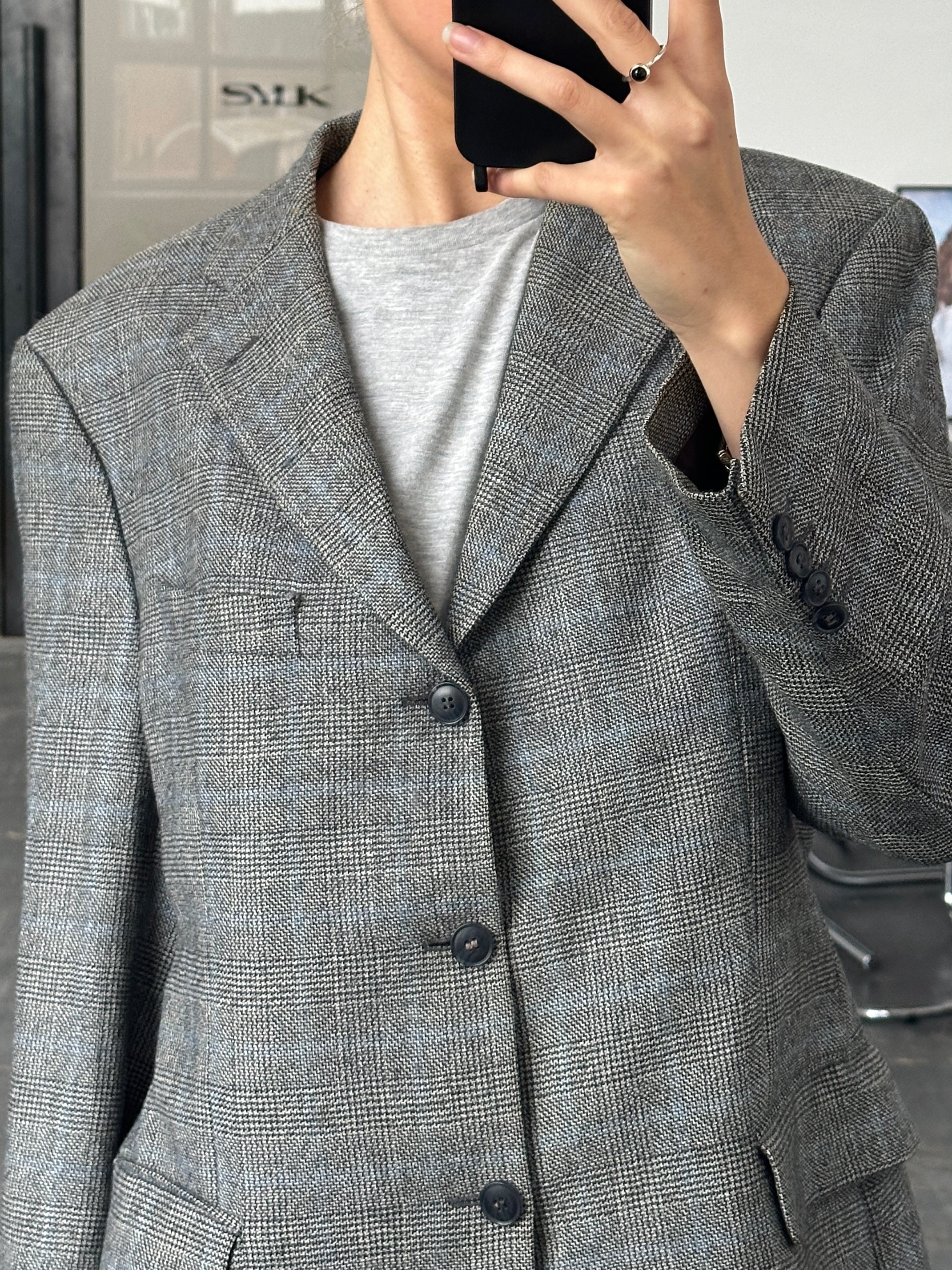 Yves Saint Laurent Pour Homme 1990s check wool blazer, size 40R, classic tailored men's blazer with a plaid pattern.