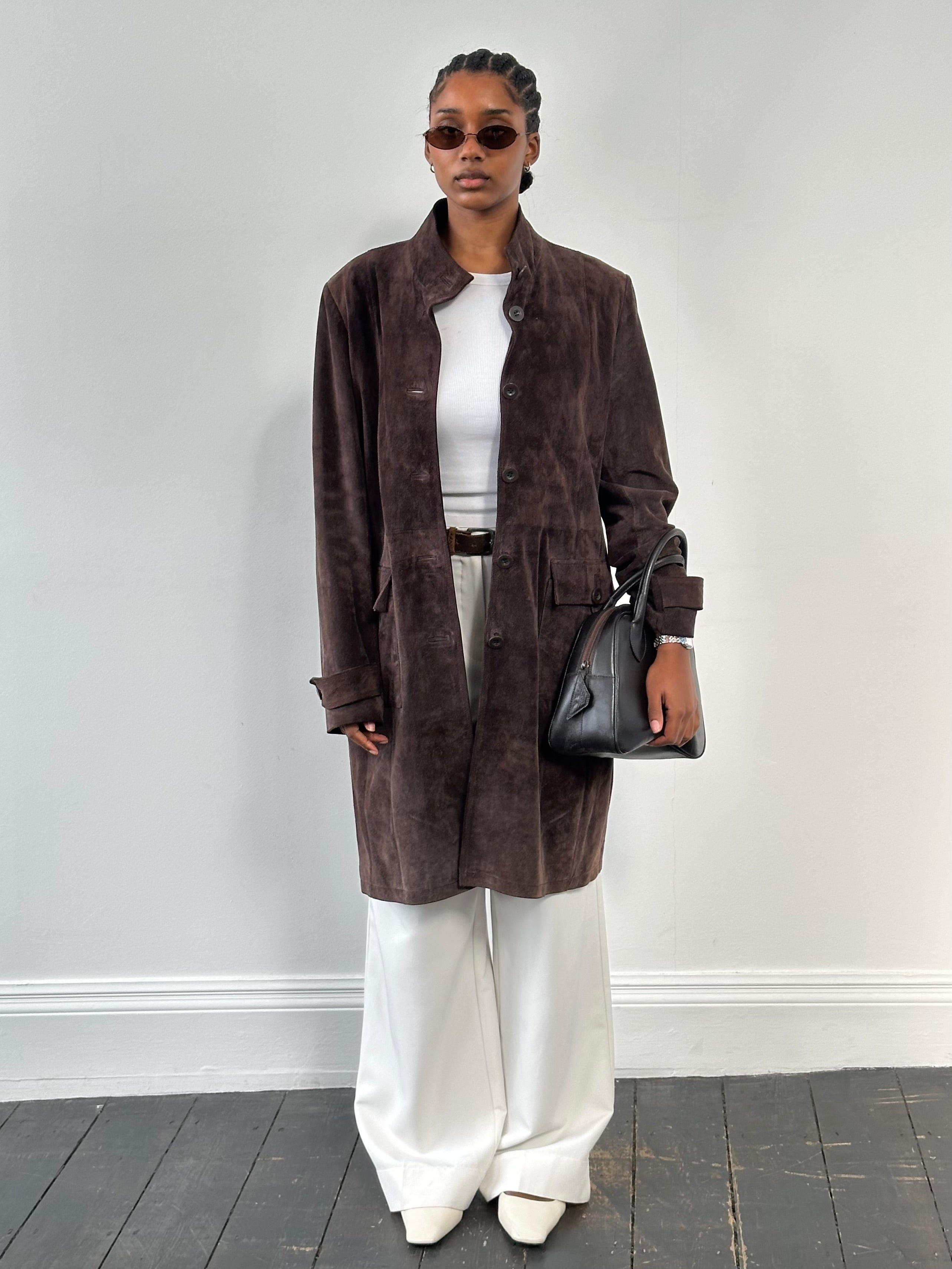 Vintage 1990s suede trench coat in size large, stylish leather jacket with classic design and soft textured suede.