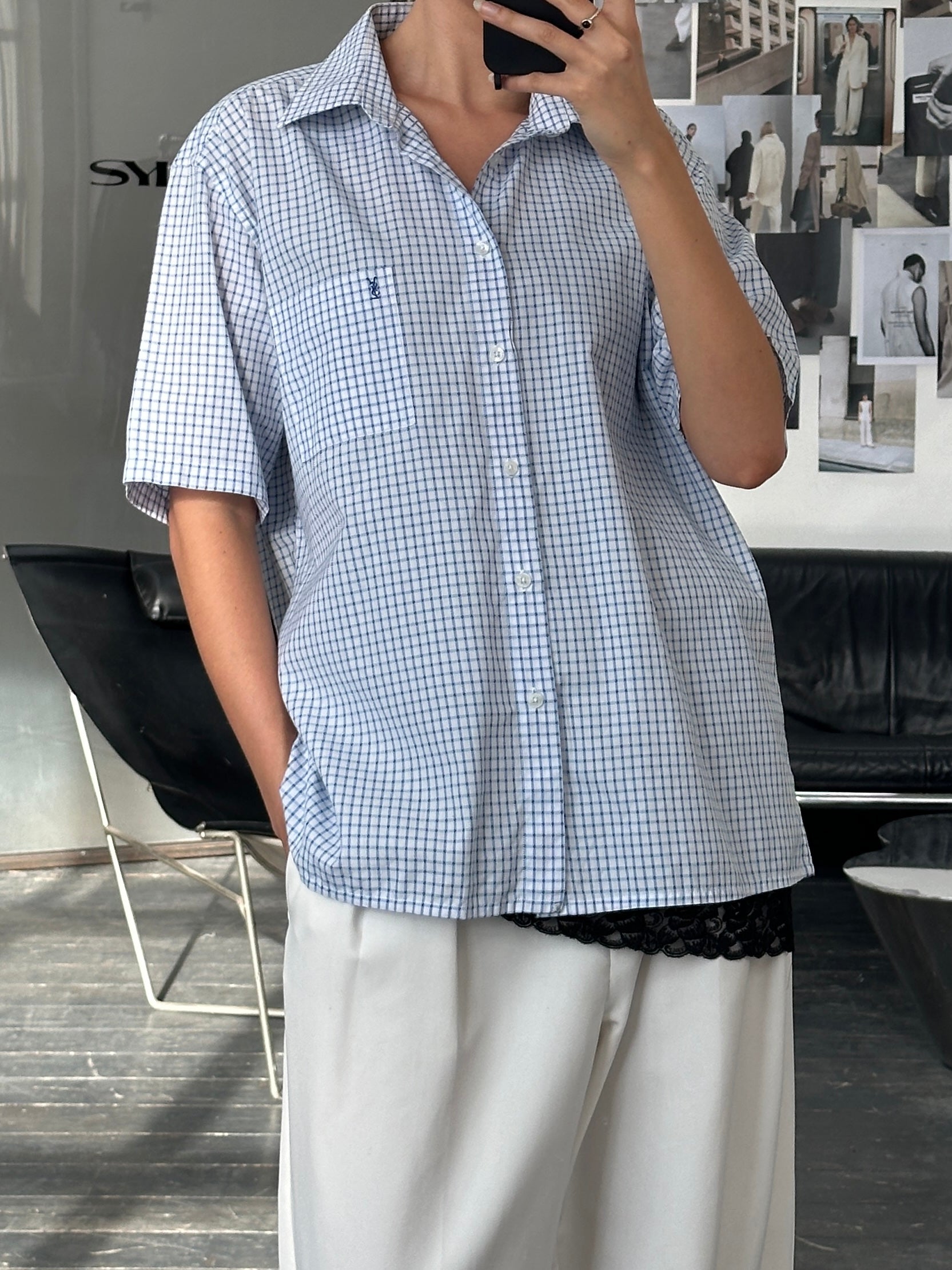 Yves Saint Laurent men's short sleeve cotton check logo shirt in XL, featuring a classic check pattern and YSL branding.