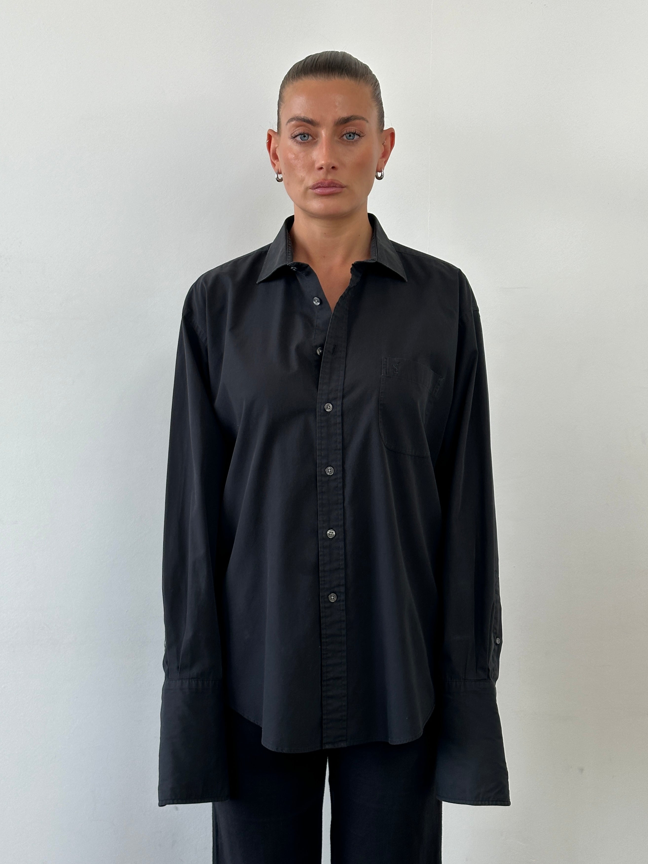 Yves Saint Laurent Pour Homme cotton logo dress shirt in size L/XL, featuring a classic collar and embroidered YSL logo.
