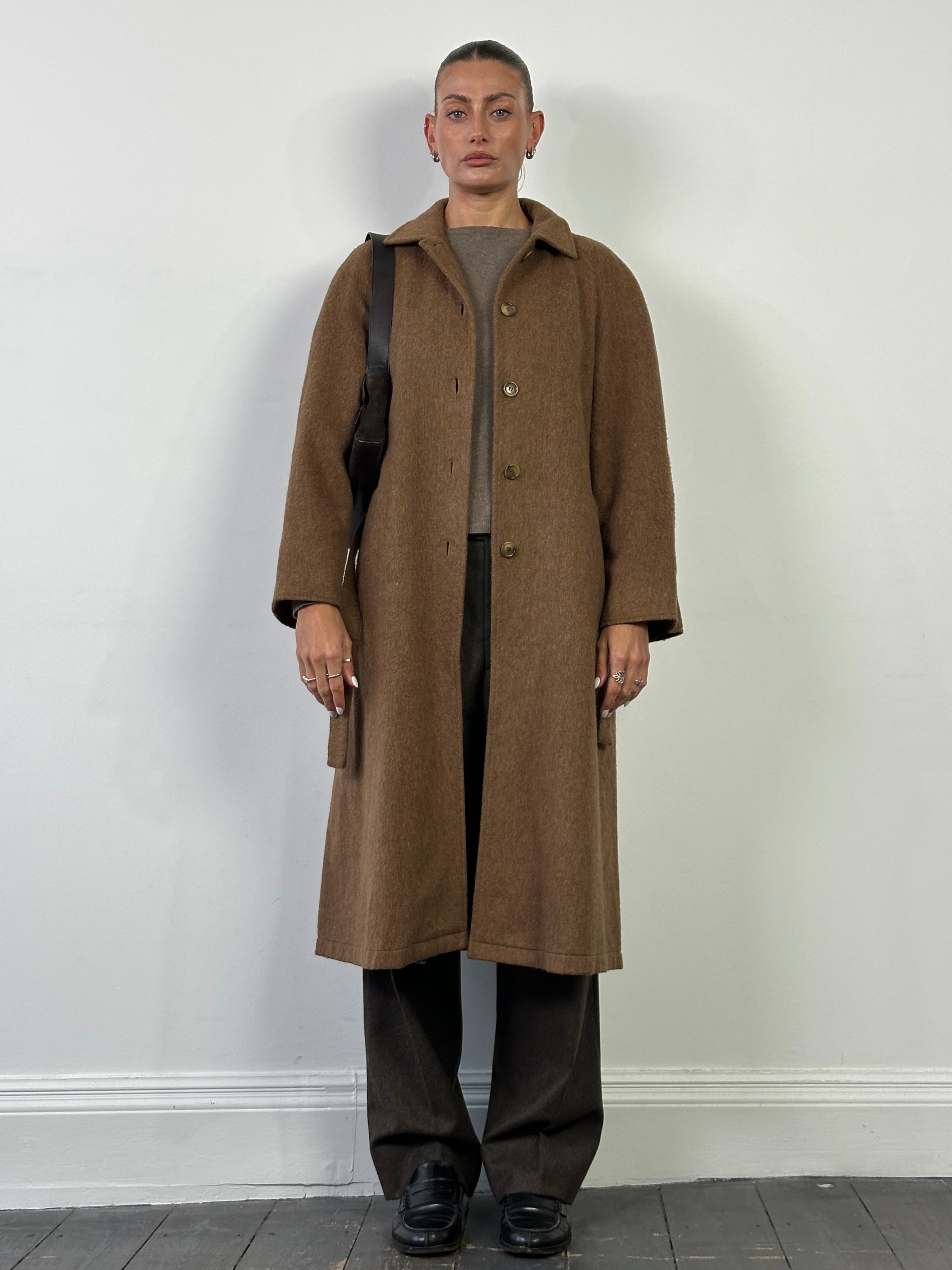 Marella 90s brushed wool belted coat in neutral color, single-breasted design, modern and stylish for cold weather.