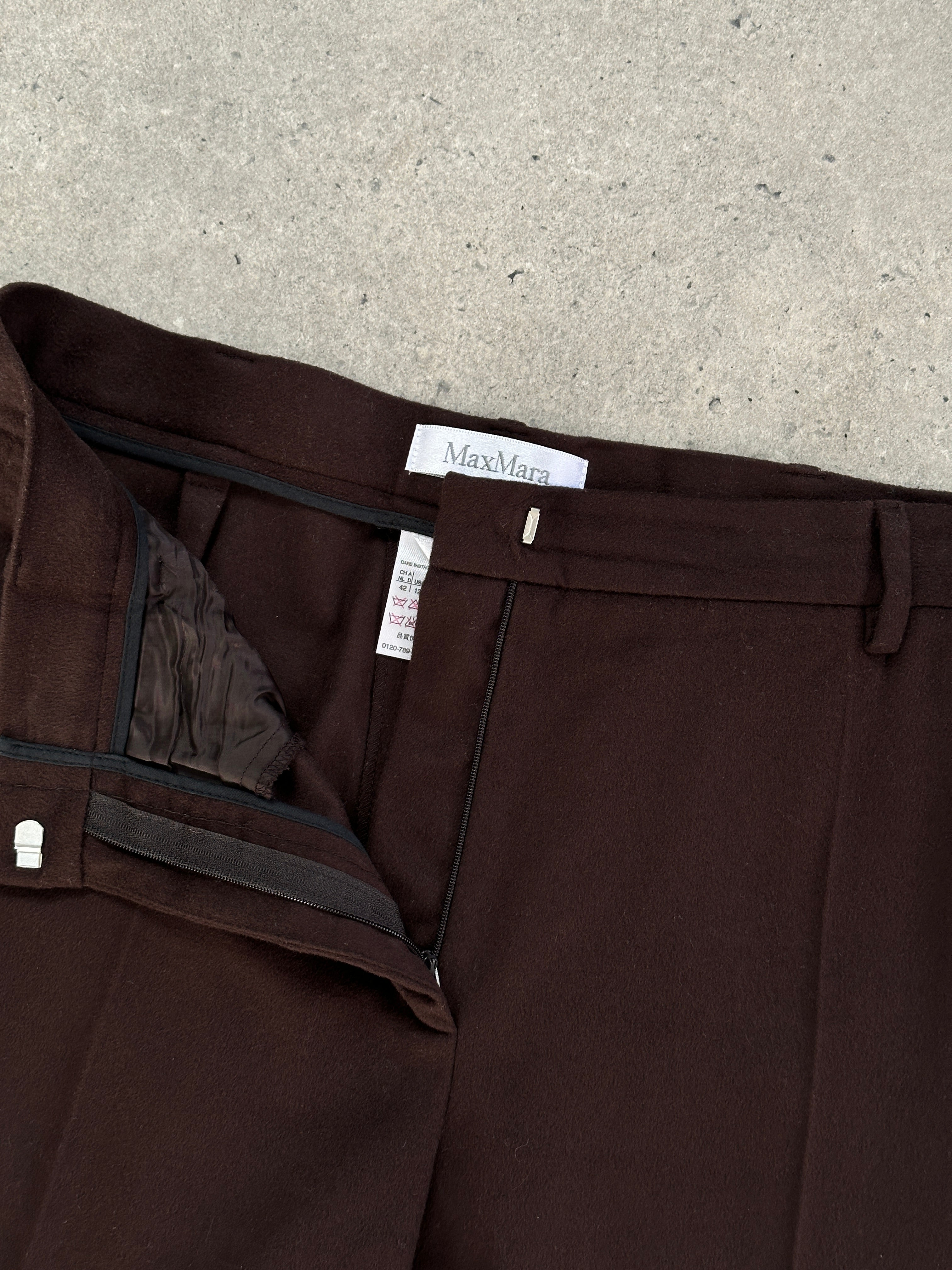 Max Mara pure brushed wool straight leg trousers in size W31, shown flat with front and back view.