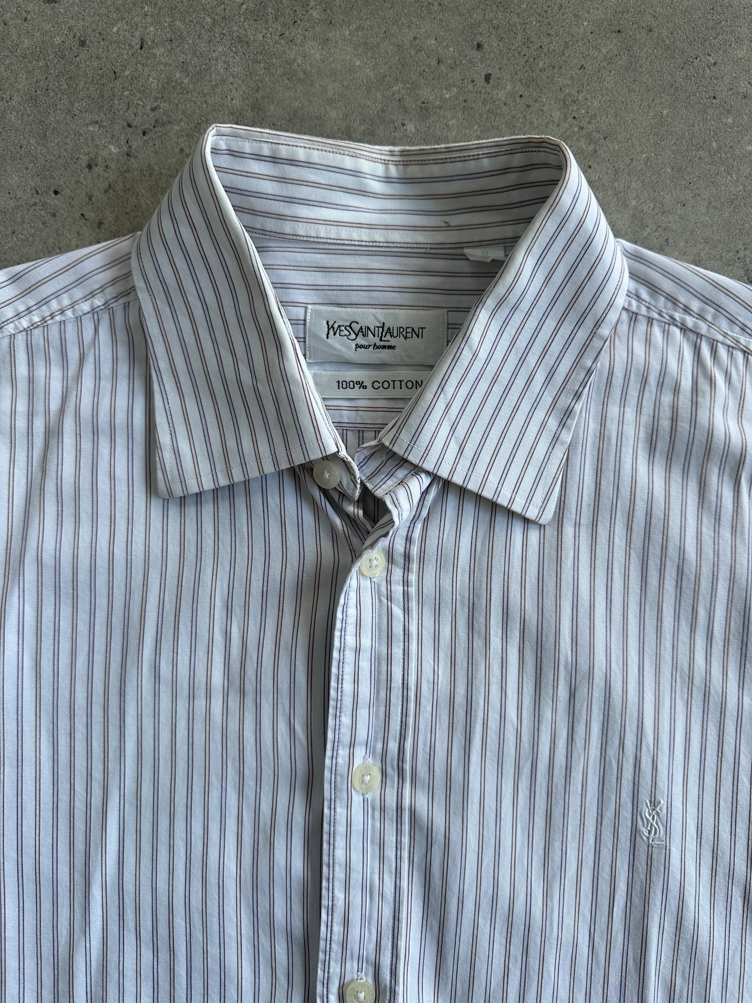 Yves Saint Laurent Pour Homme stripe cotton logo shirt in XL, featuring a classic design and brand logo on the chest.
