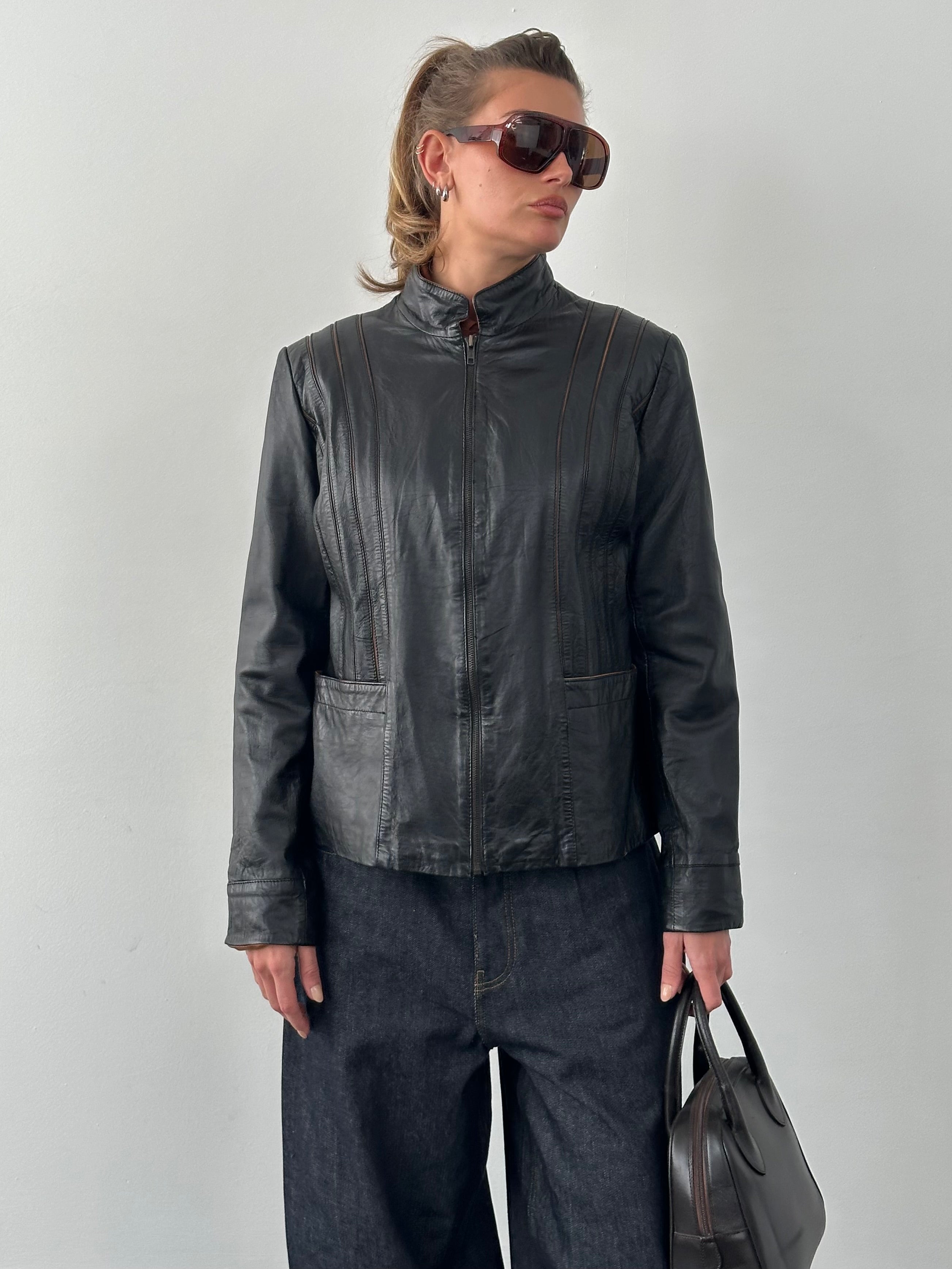 Vintage 1990s High Neck Leather Jacket - M-L