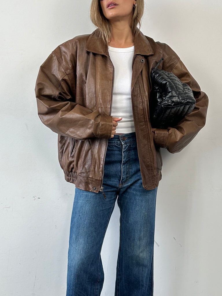 Vintage Tobacco Leather Bomber Jacket - XL - SYLK