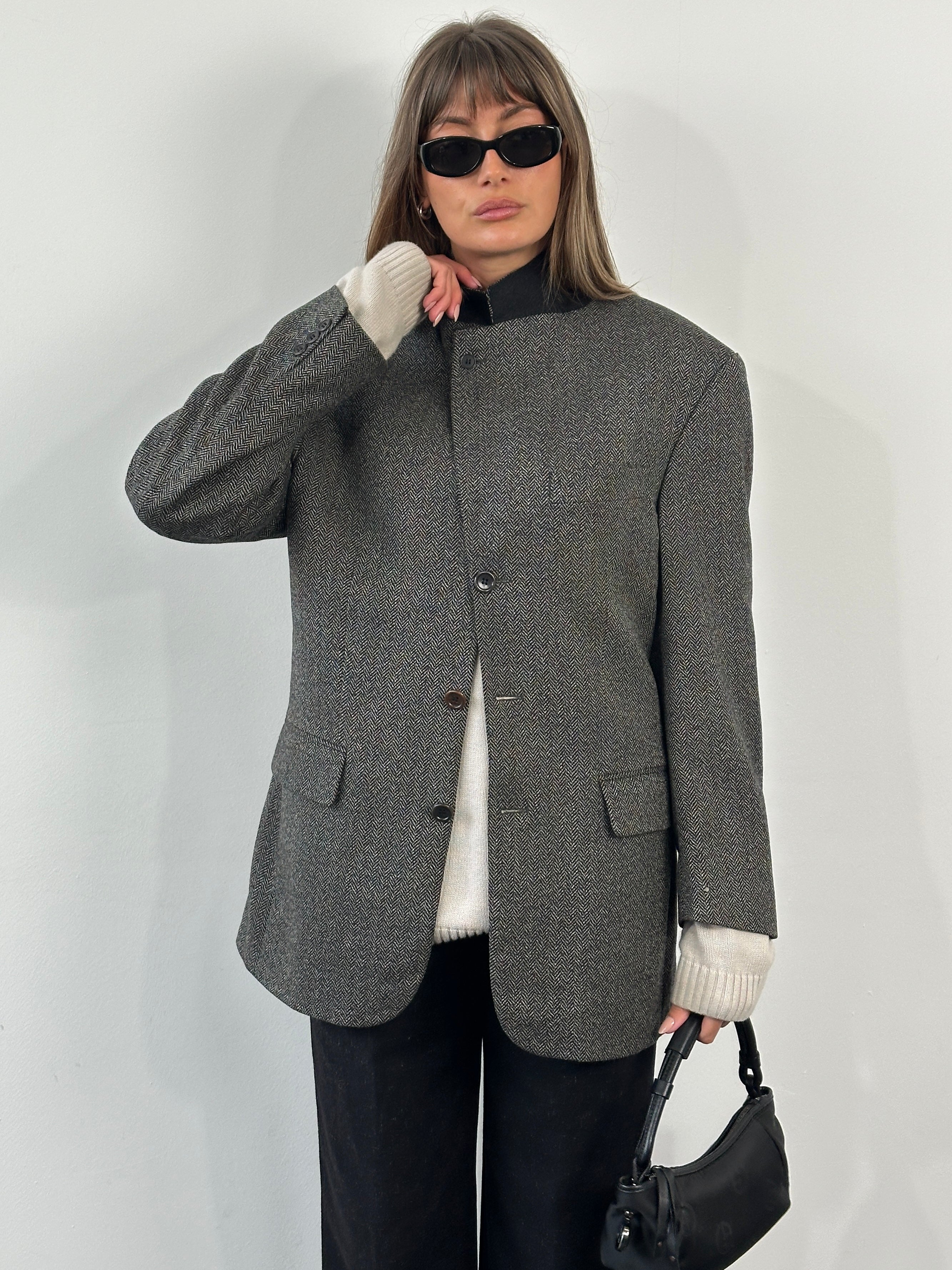Loro Piana 1990s wool cashmere high neck blazer in size 38R/L, tailored fit with textured fabric and classic design.