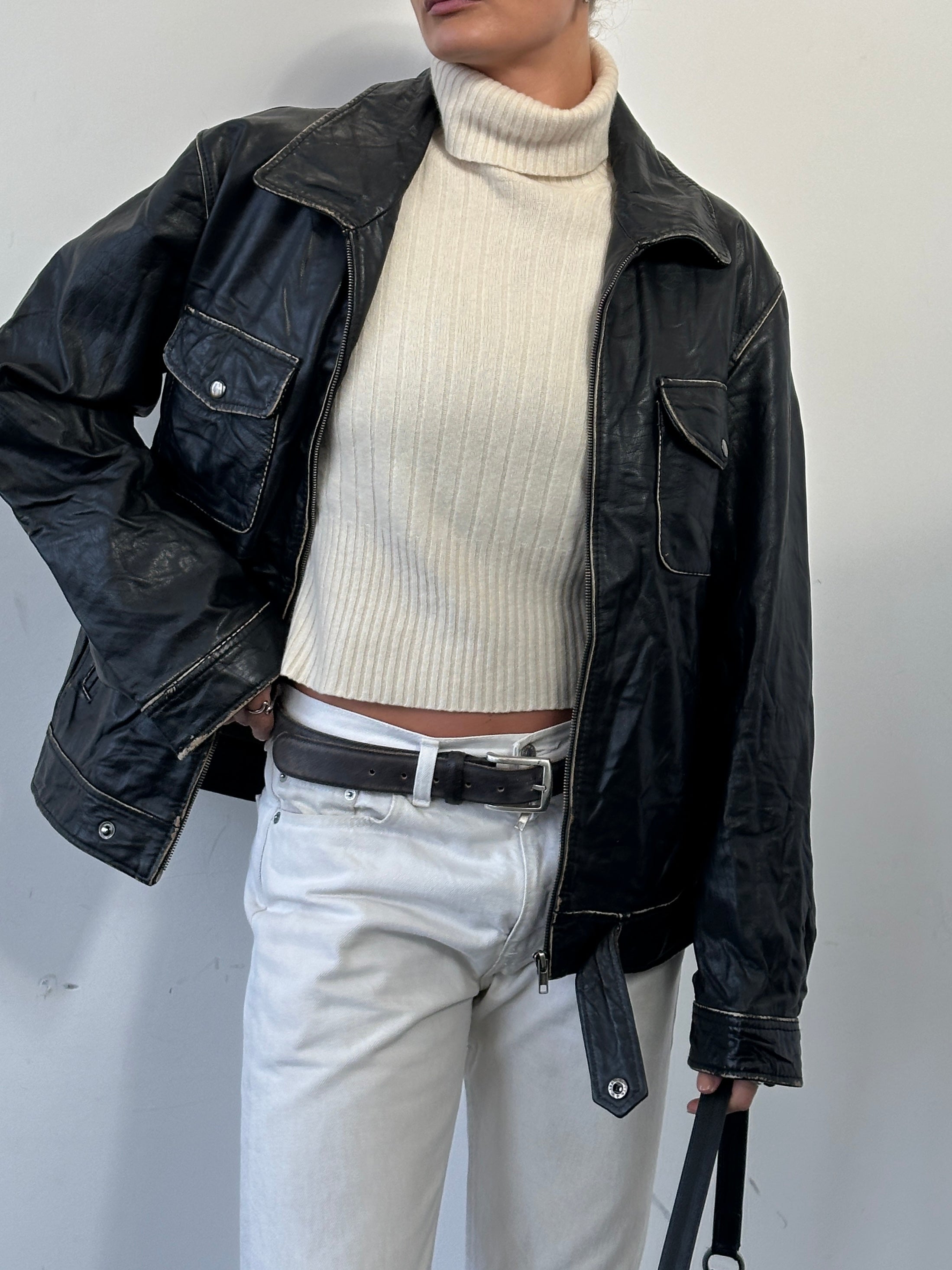 Vintage Contrast Stitch Leather Biker Jacket - L - SYLK