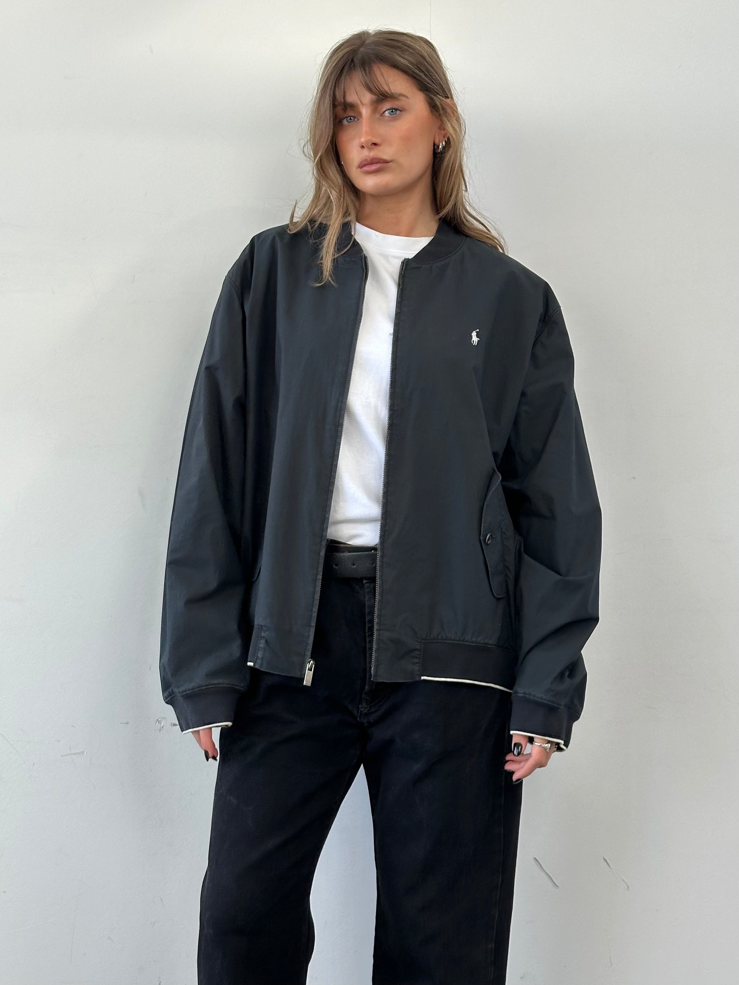 Ralph Lauren Pure Cotton Logo Bomber Jacket in XXL, navy blue with Ralph Lauren embroidered logo, front zipper, and ribbed cuffs.