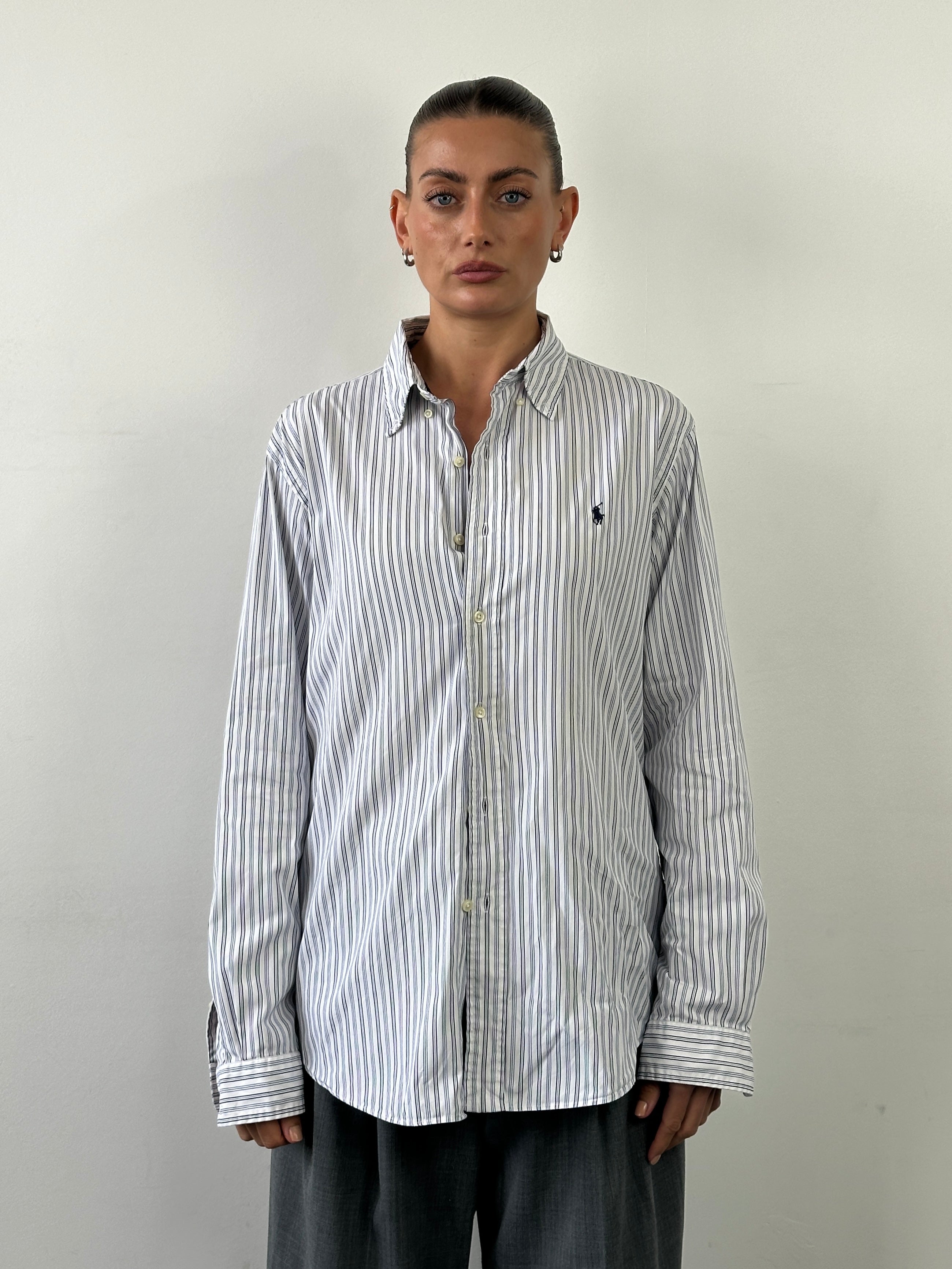 Ralph Lauren striped pure cotton shirt in size large, showing the classic button-down design with blue and white stripes.