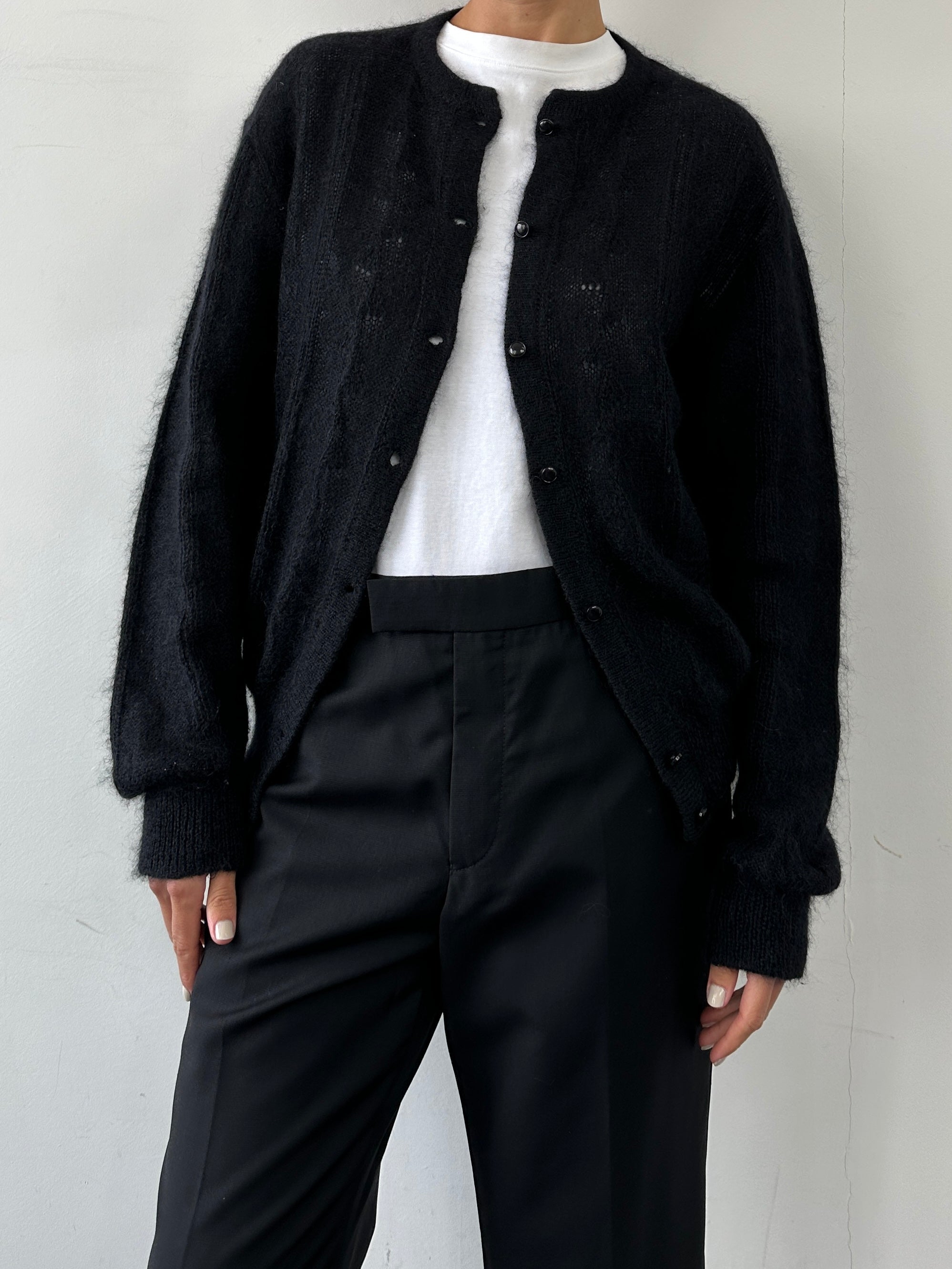 Vintage Italian mohair wool cardigan in M/L size, featuring a cozy knit texture and classic design.
