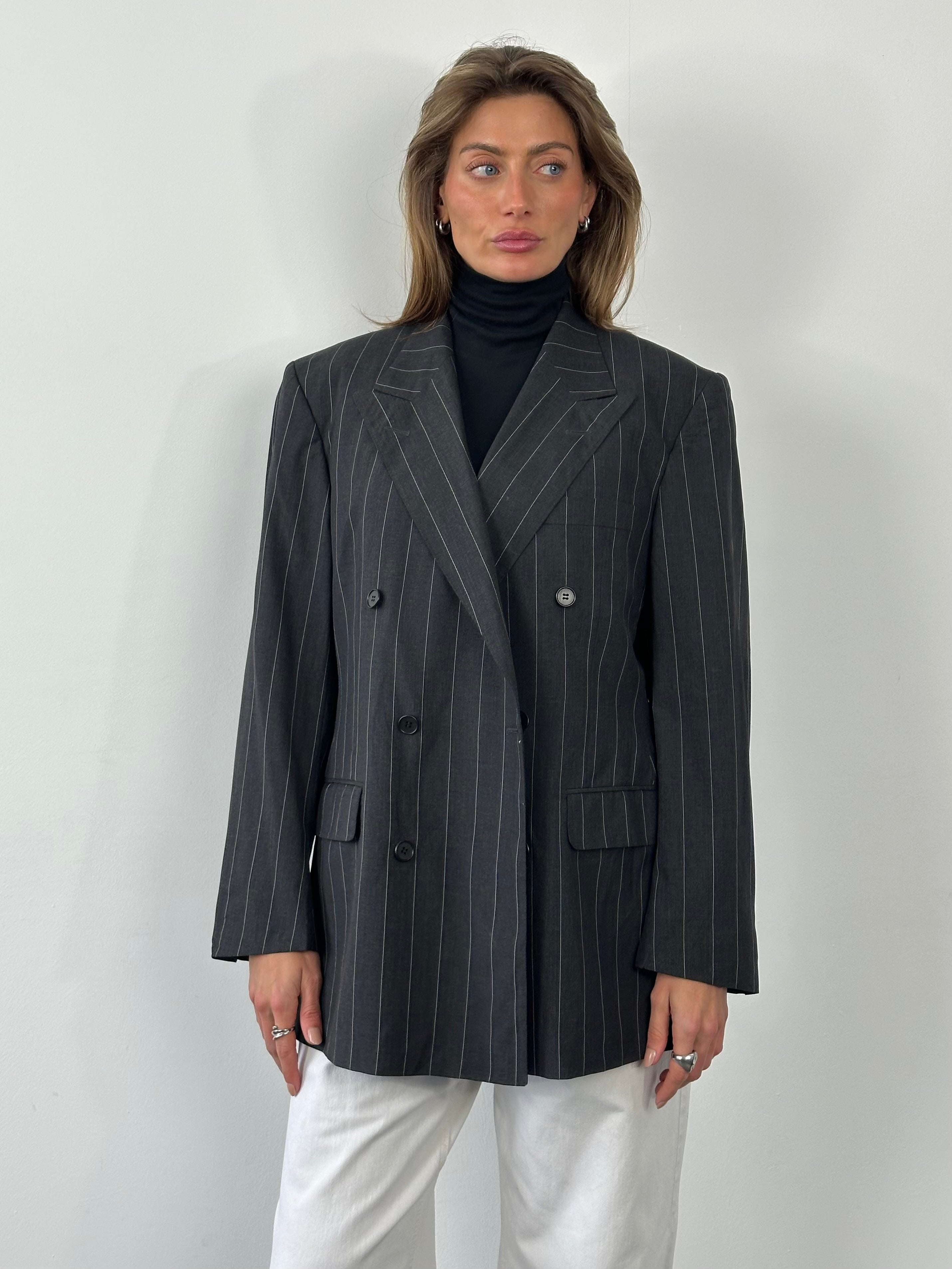 Burberry 1990s pure wool double-breasted stripe blazer in XL, showing classic tailored fit and signature pattern details.