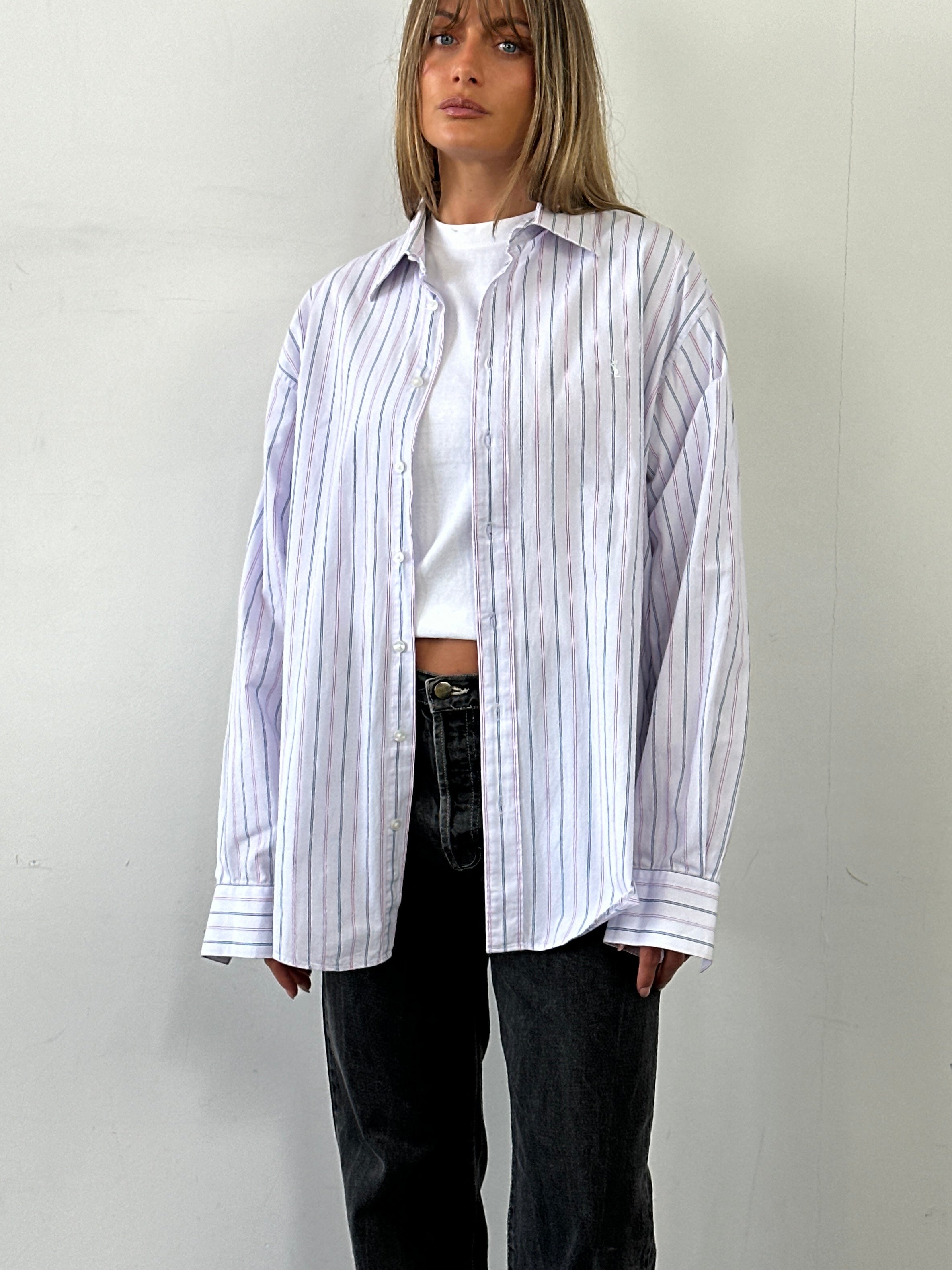Yves Saint Laurent Pour Homme stripe pure cotton logo shirt in XL, featuring a classic design with the brand’s logo and striped pattern.