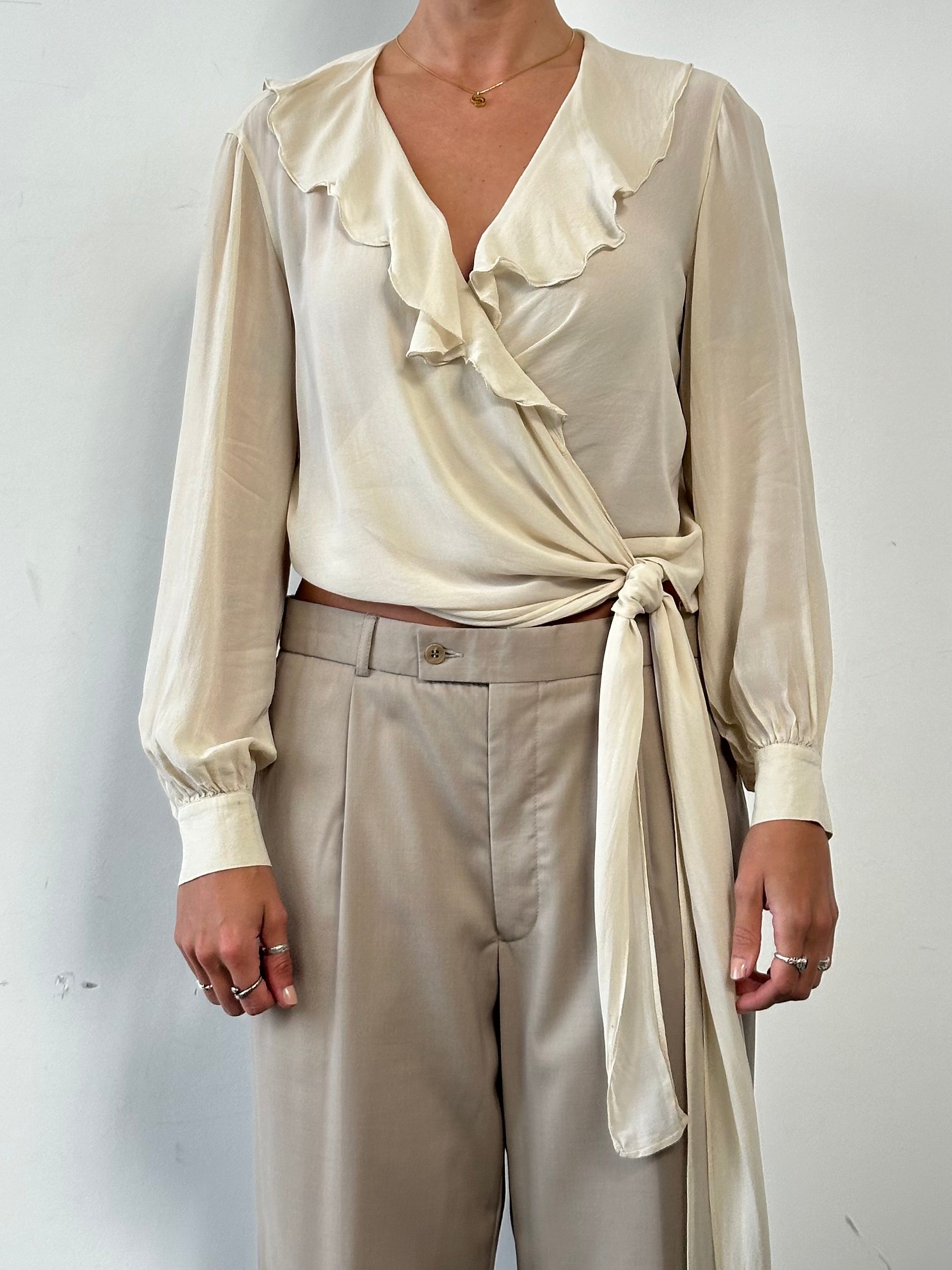 Max Mara pure silk frill wrap blouse in size L, featuring elegant details and a soft, luxurious fabric.