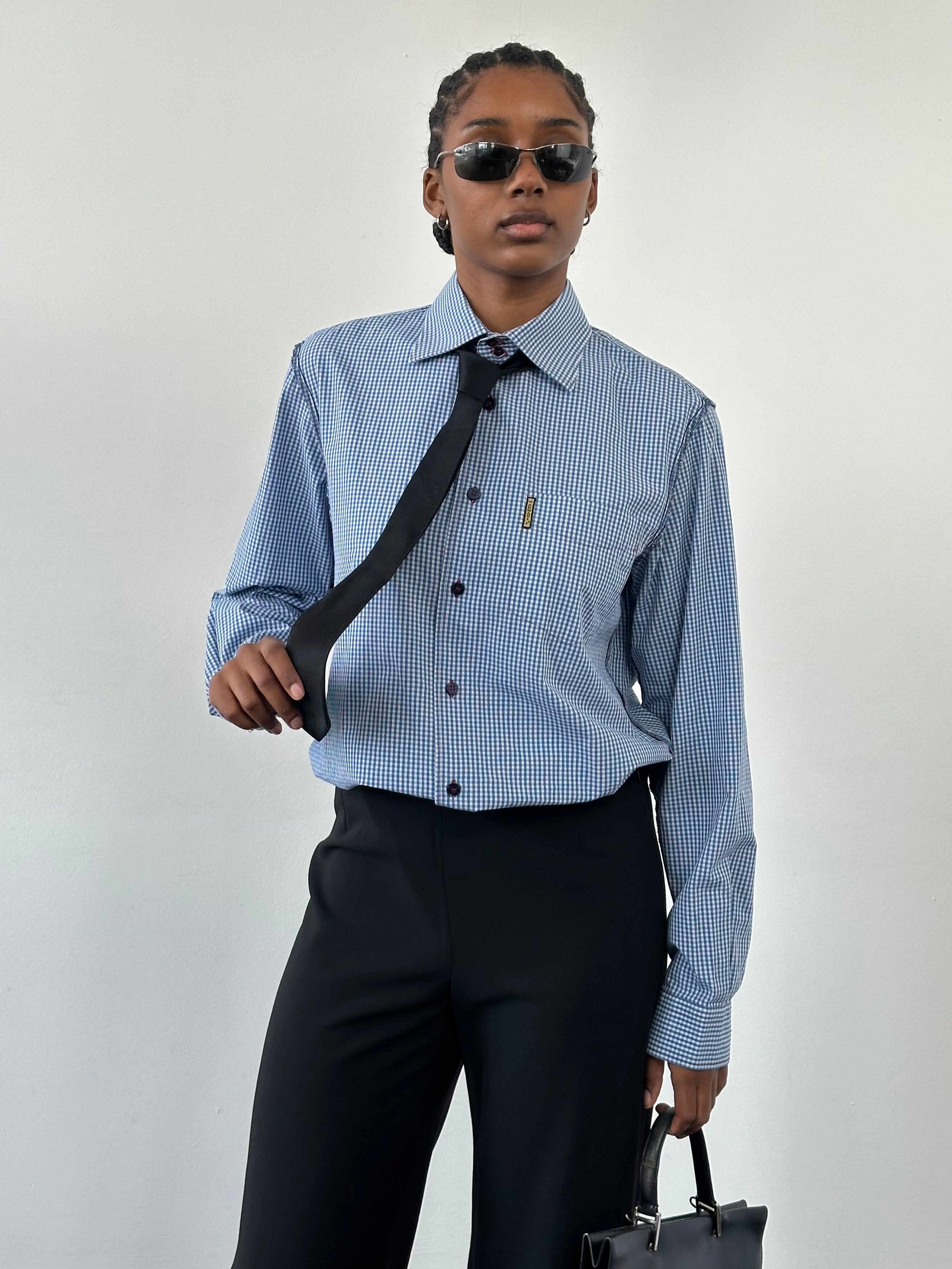 Armani Jeans 2000s pure cotton gingham reverse stitch shirt in size M, featuring classic checkered pattern and button front.