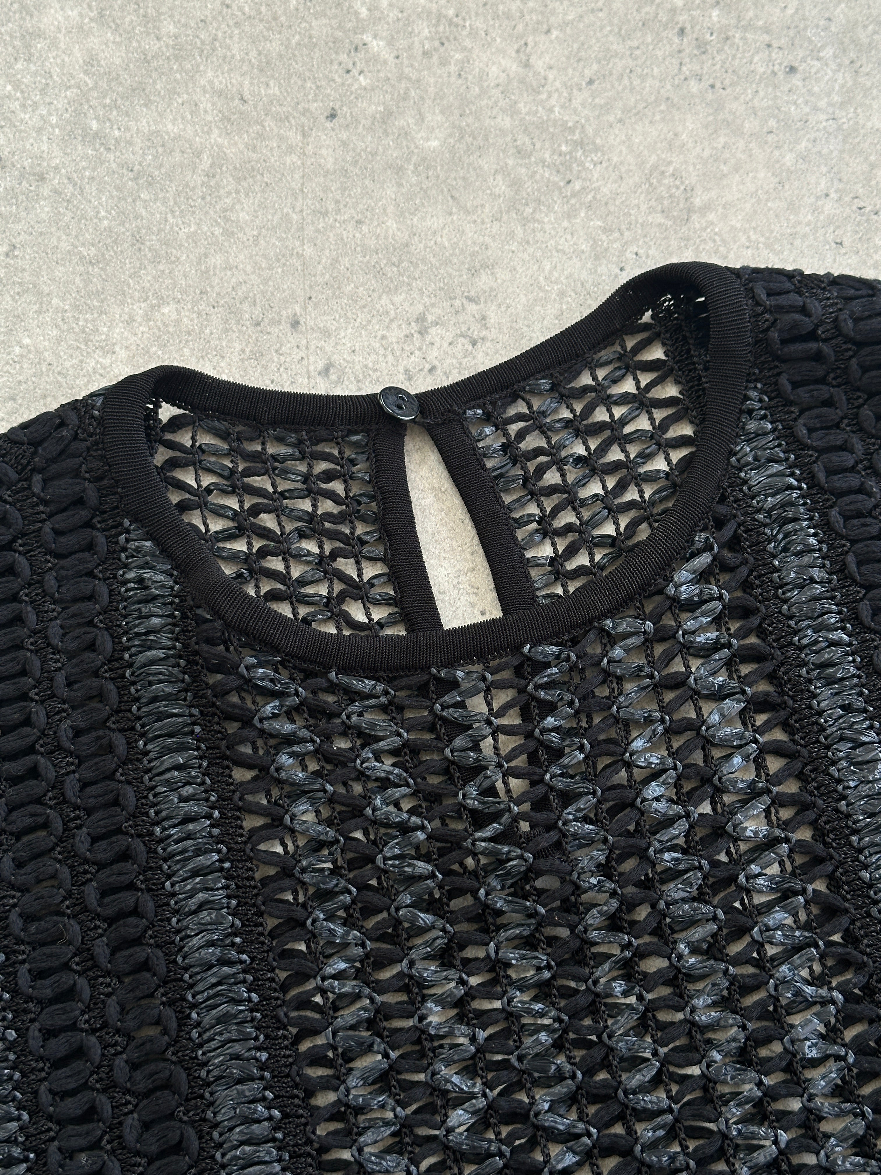 Vintage rattan crochet mini dress in S/M, featuring intricate woven details and a retro-inspired style.