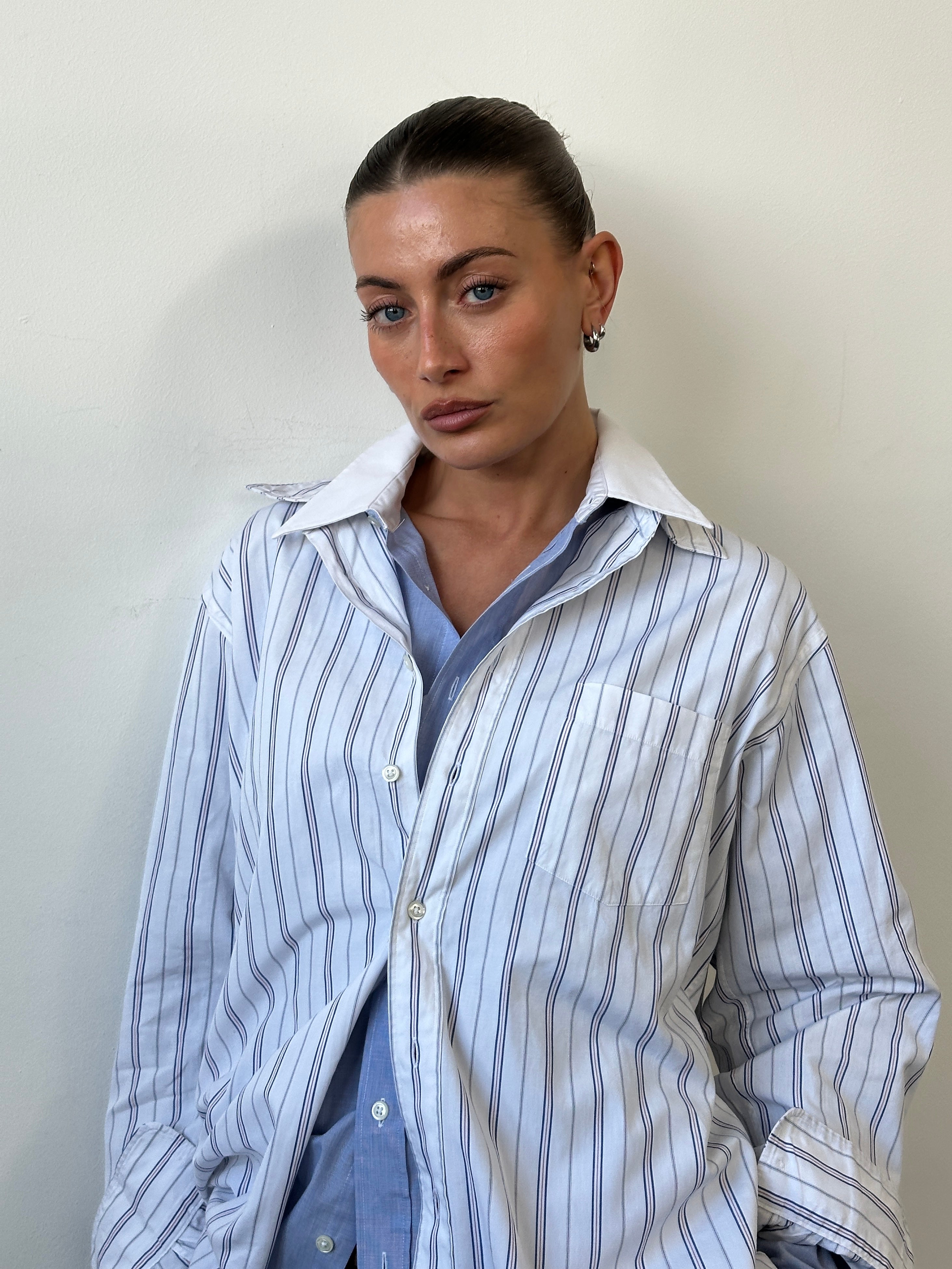 Christian Dior 1980s stripe pure cotton logo shirt, men's size L, featuring bold colorful stripes and classic Dior branding.