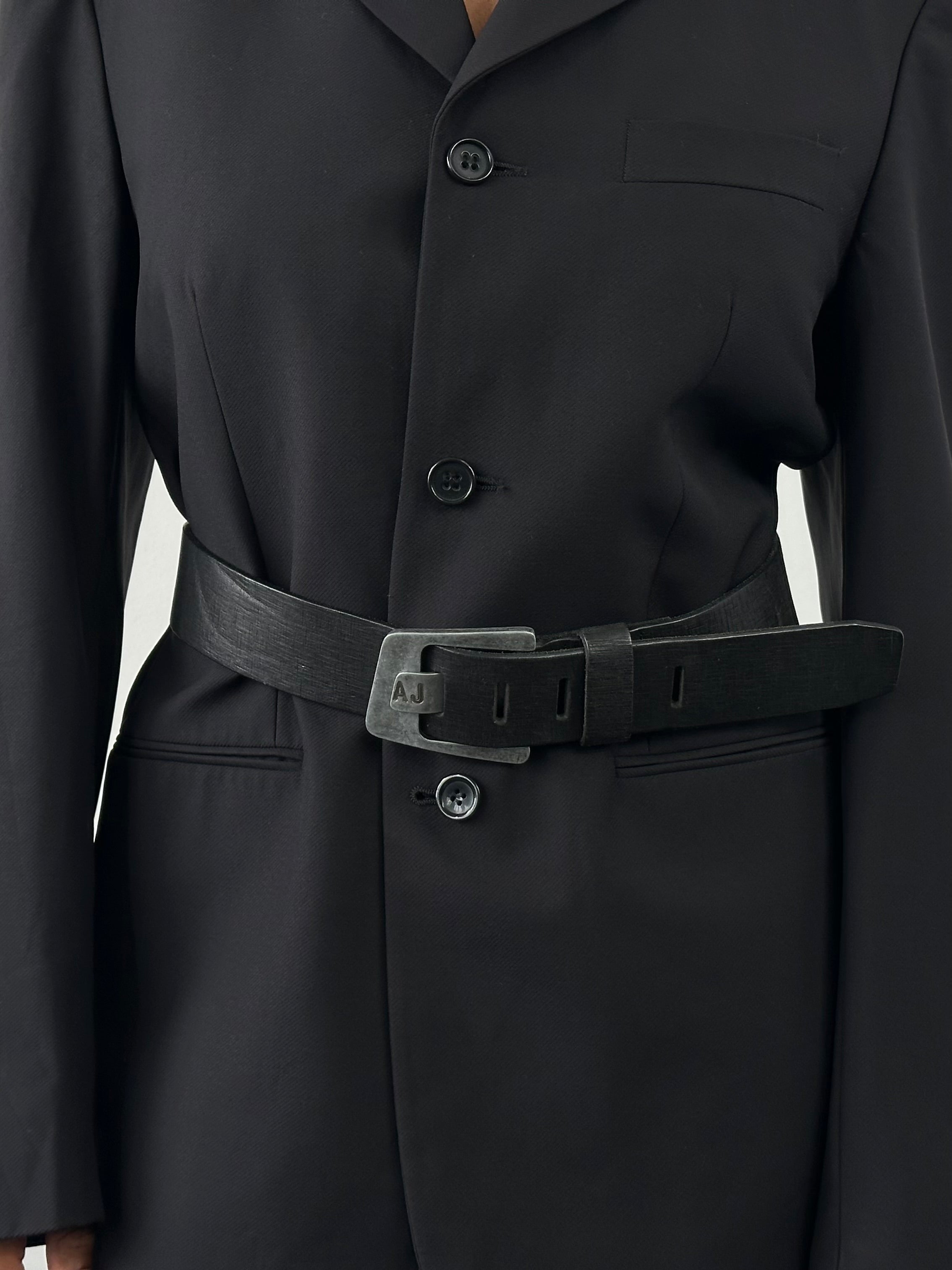Armani Jeans leather belt with logo buckle, showing black strap and silver-tone buckle, size W30-34, classic designer accessory.