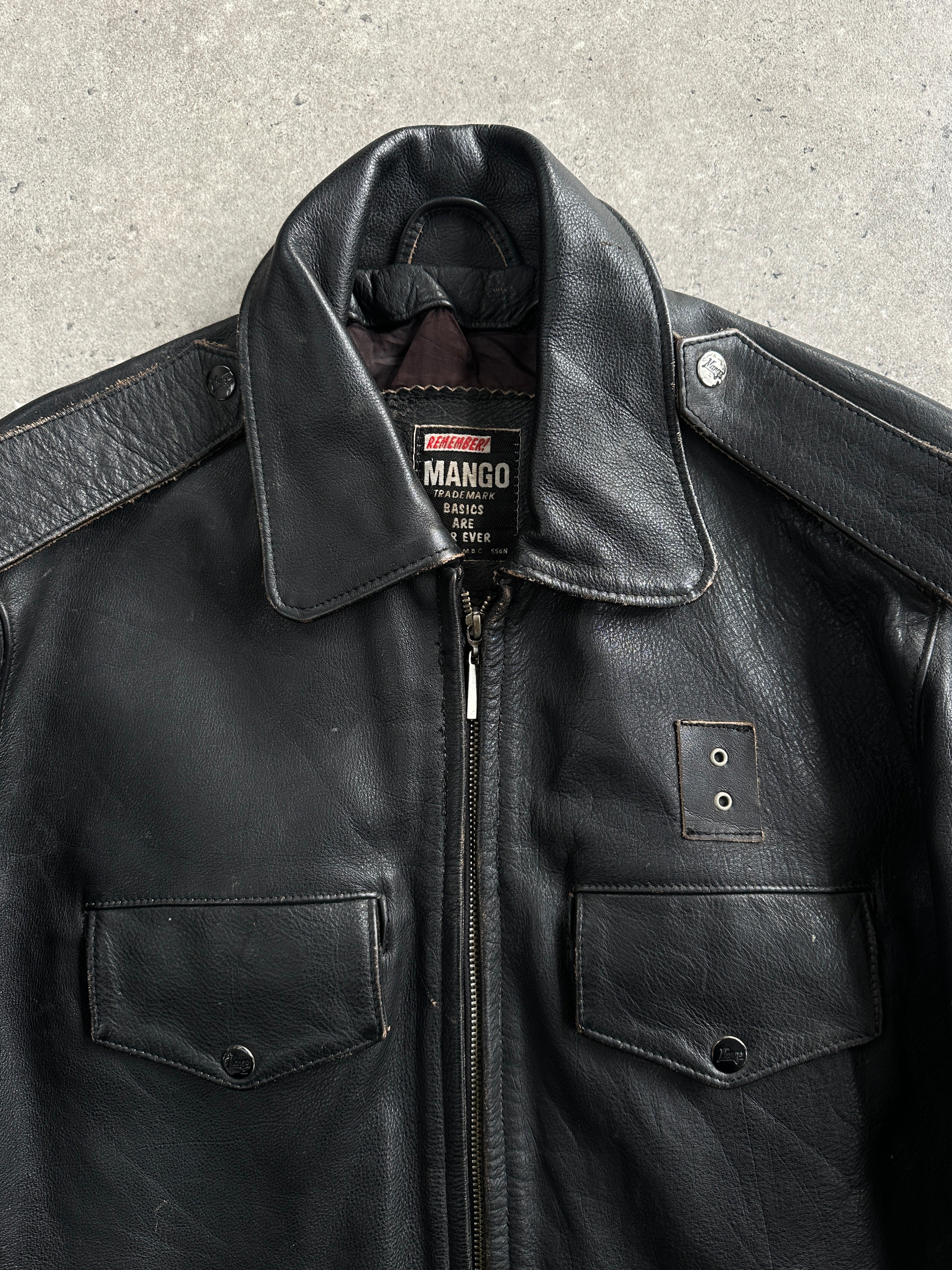 Vintage 1990s aged leather jacket, men's size M/L, with distressed brown leather and classic collar detail.