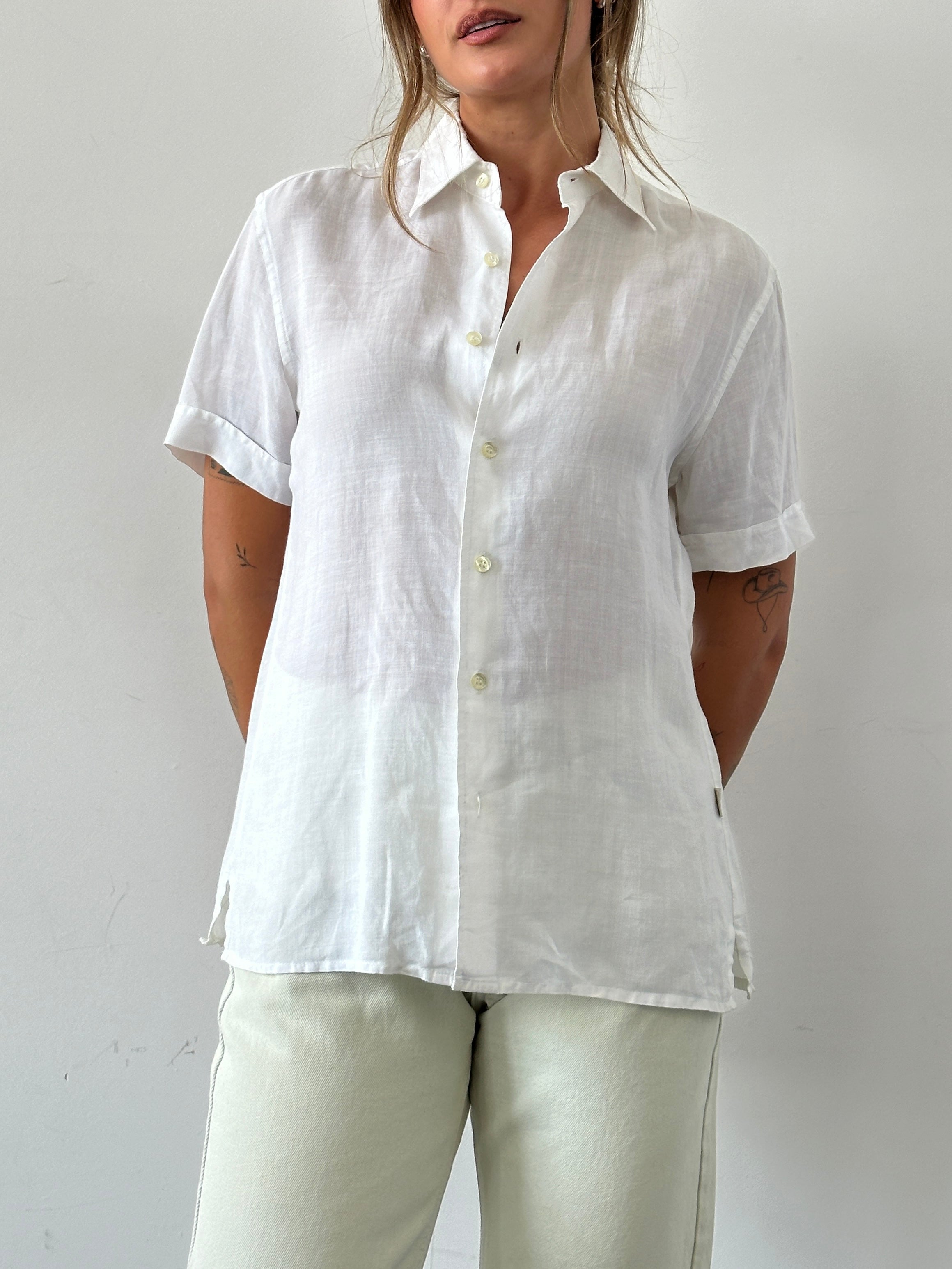 Guess Pure Linen Sheer Short Sleeve Shirt in white, lightweight and breathable with a relaxed fit and classic collar.