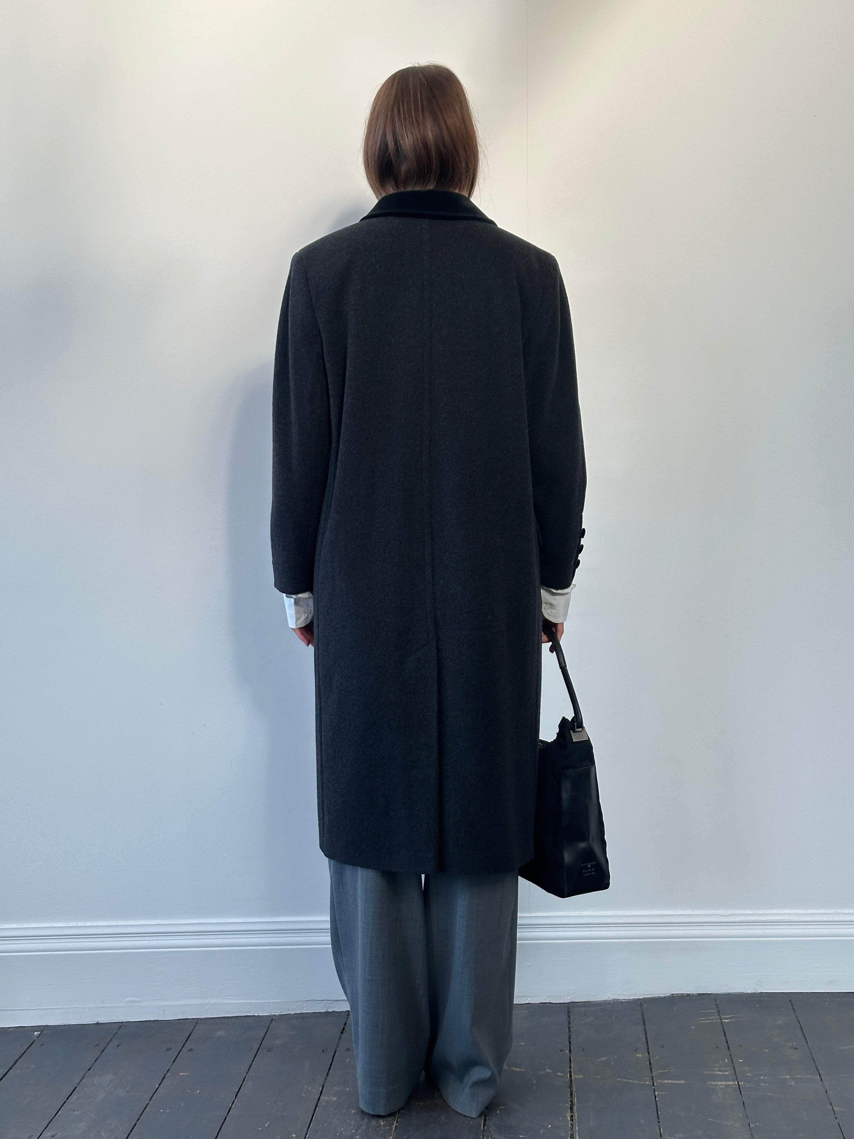St Michael 1990s wool double-breasted coat in size L, navy blue with classic tailored design and front buttons.