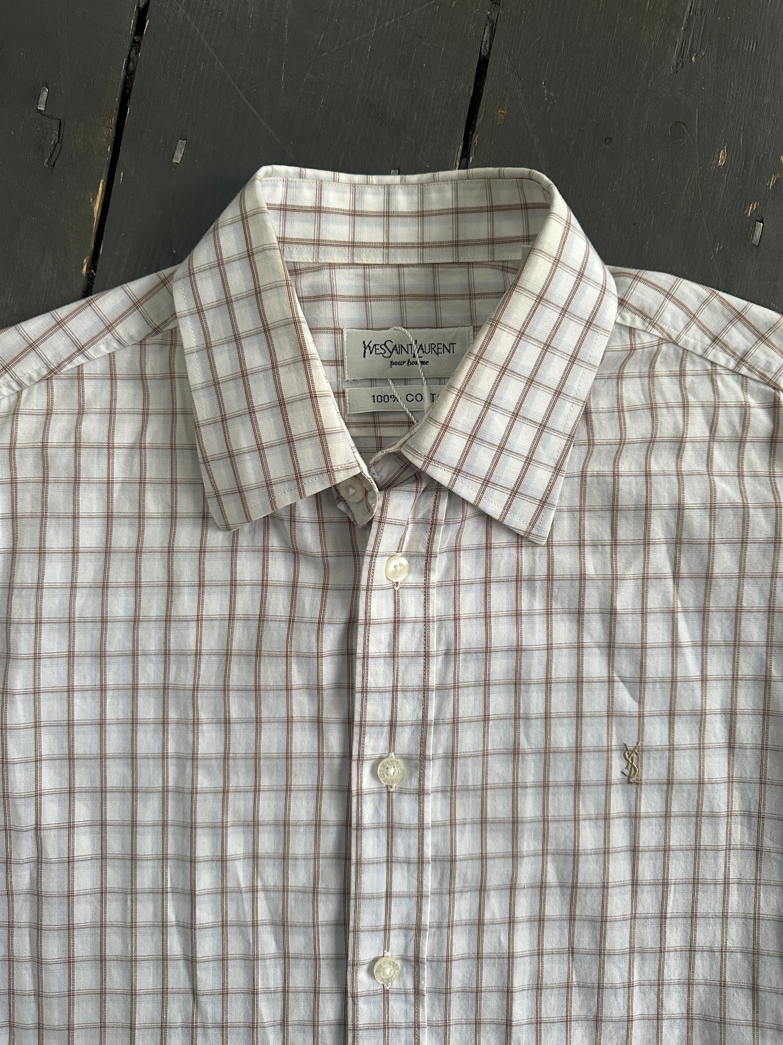 Yves Saint Laurent Pour Homme check pure cotton logo shirt in size L, featuring a classic pattern and YSL branding.