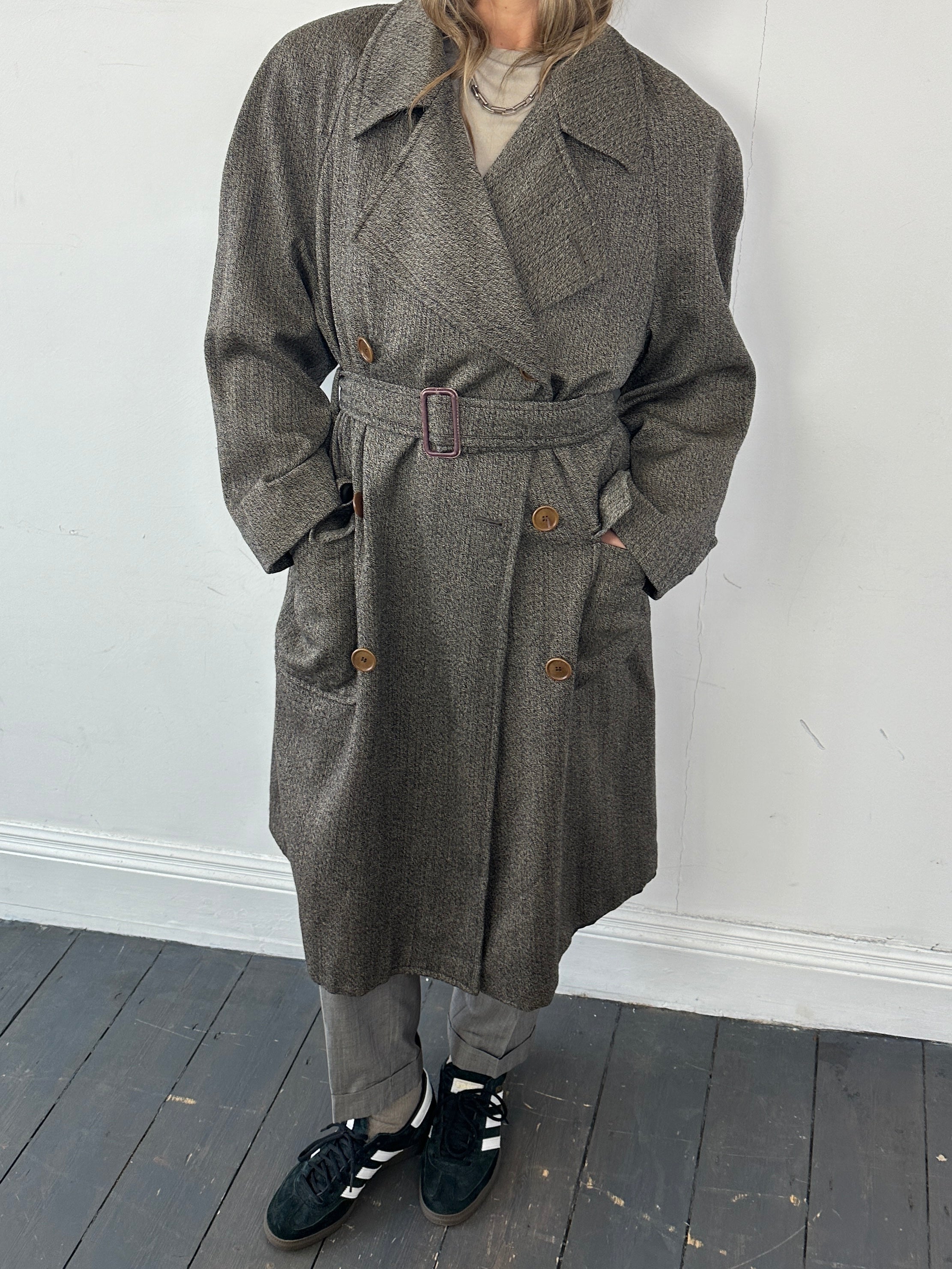 Gianfranco Ferre wool cashmere double-breasted belted trench coat in XL, shown hanging with classic trench styling and neutral color.