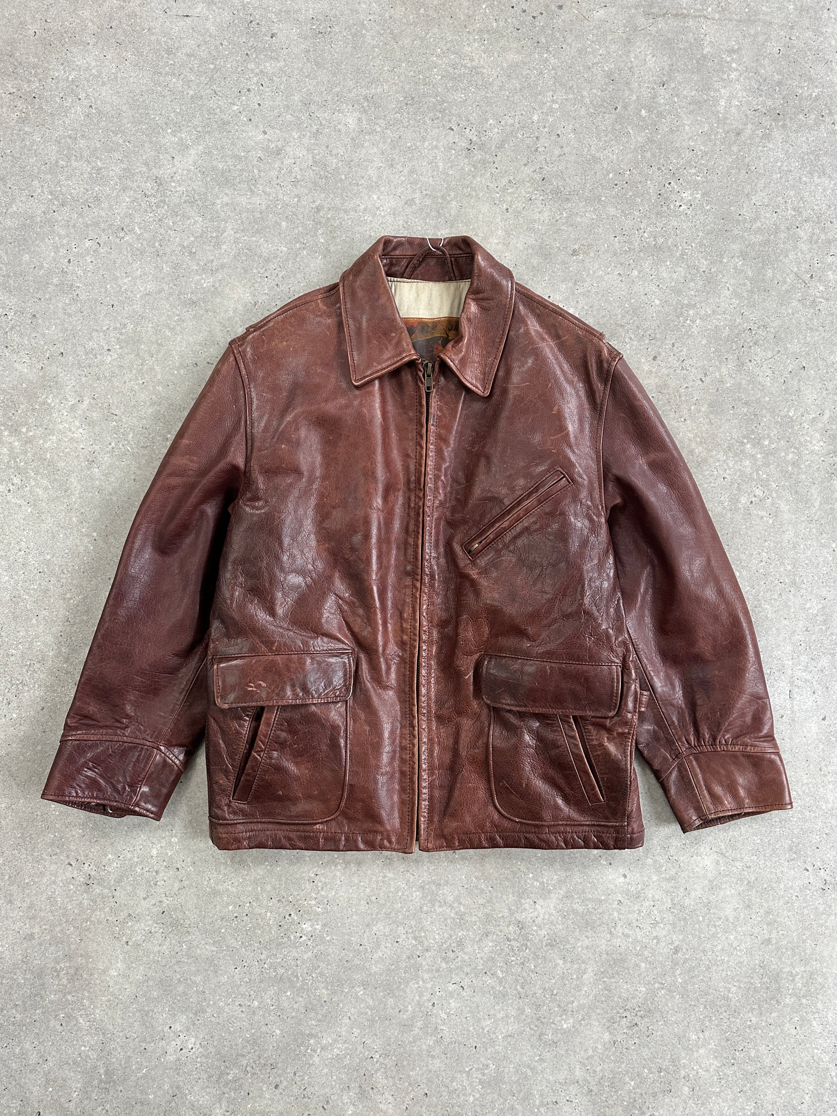 Vintage Heavyweight Leather Jacket in XL with aged finish, featuring classic design and durable leather material.